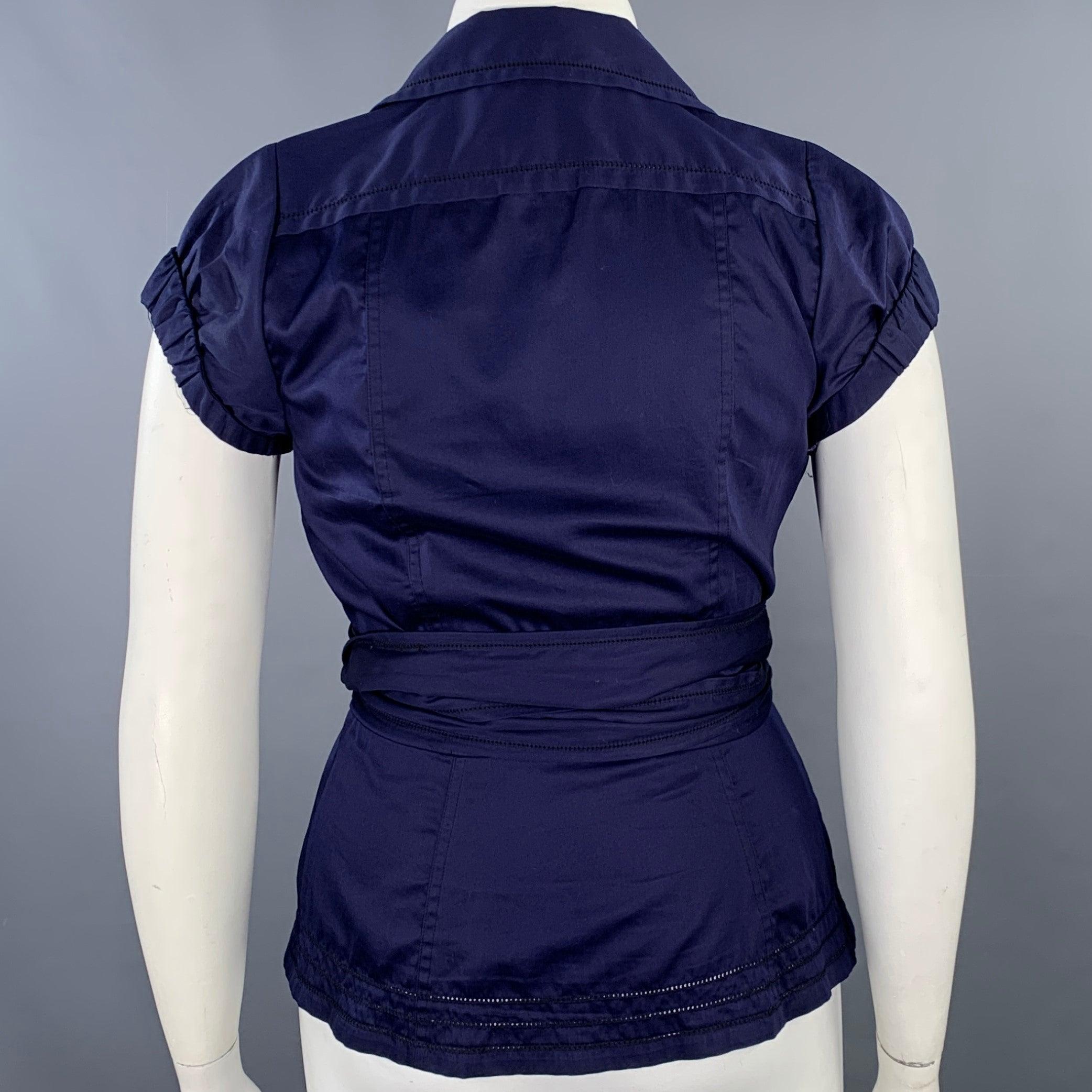 Black DIANE VON FURSTENBERG Size 10 Gaines Purple Blue Cotton Pleated Wrap Casual Top