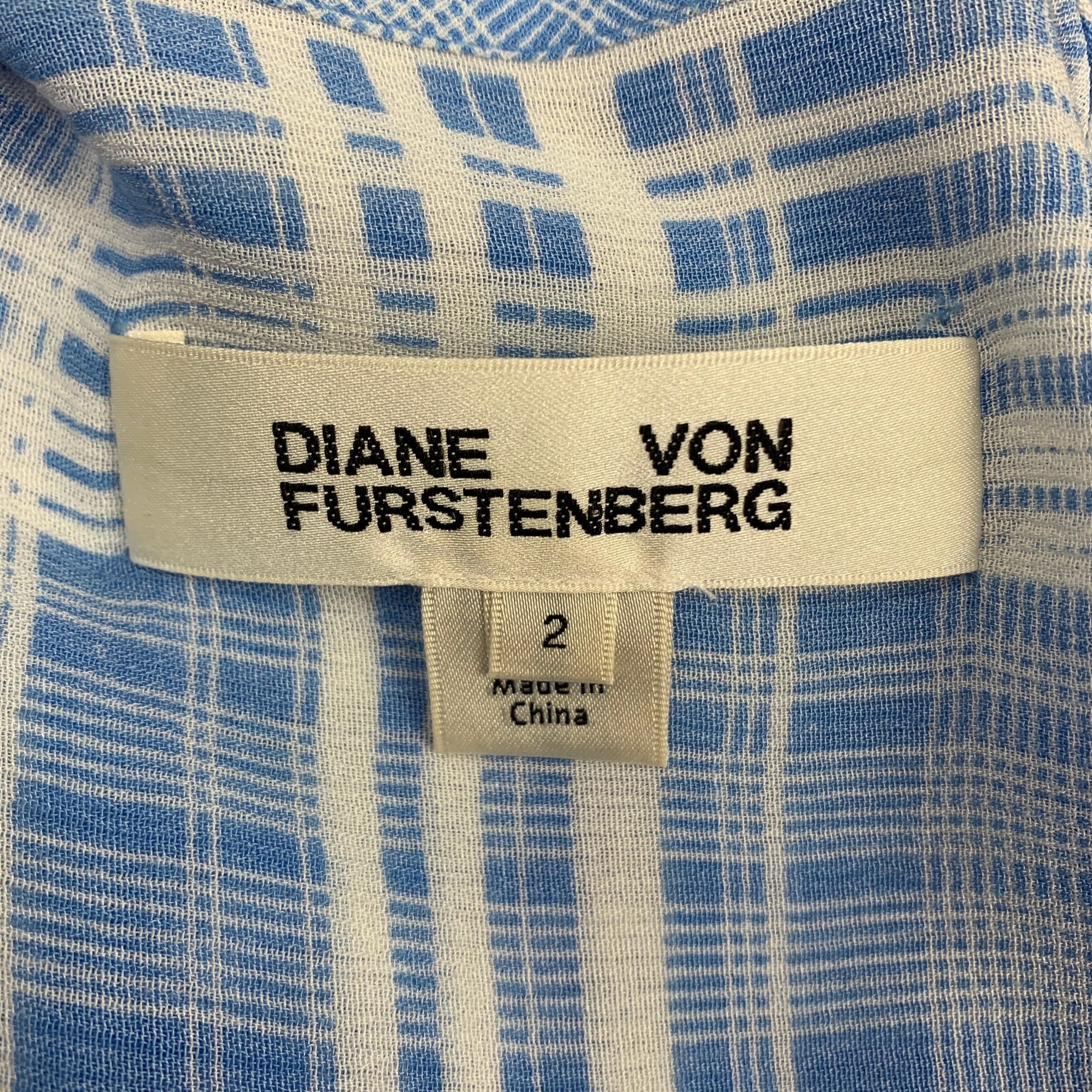 DIANE VON FURSTENBERG Size 2 Light Blue & White Plaid Viscose Blouse For Sale 1