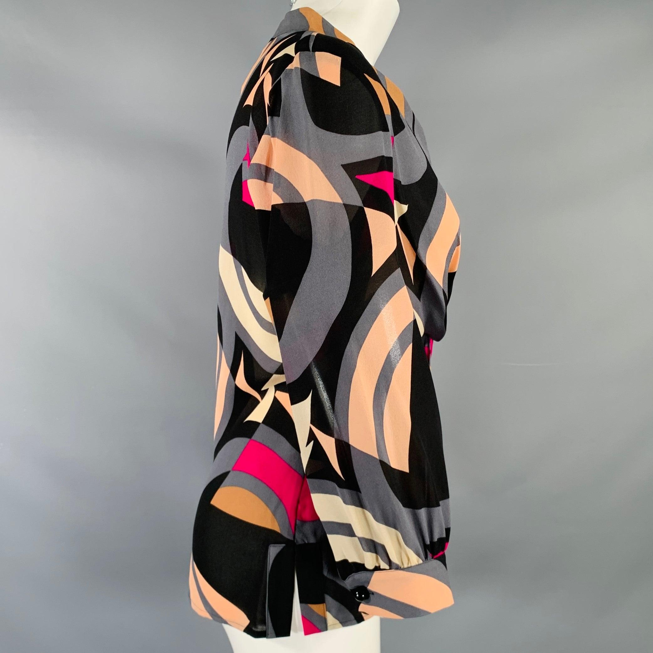 DIANE VON FURSTENBERG Talla 8 Blusa de seda multicolor con cuello en V fruncido Negro