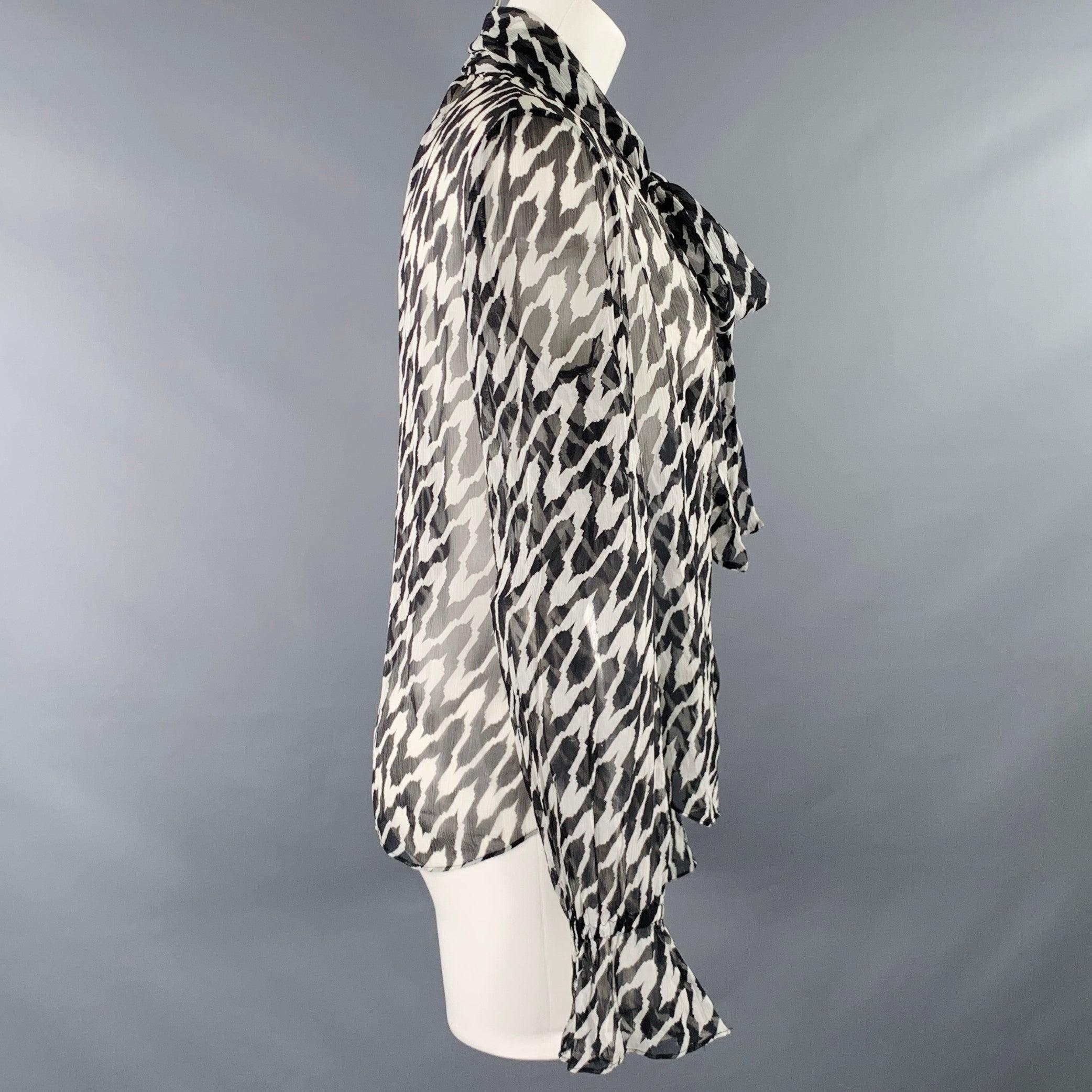 Gray DIANE VON FURSTENBERG Size S Black White Silk Chiffon Marbled Pussybow Blouse For Sale