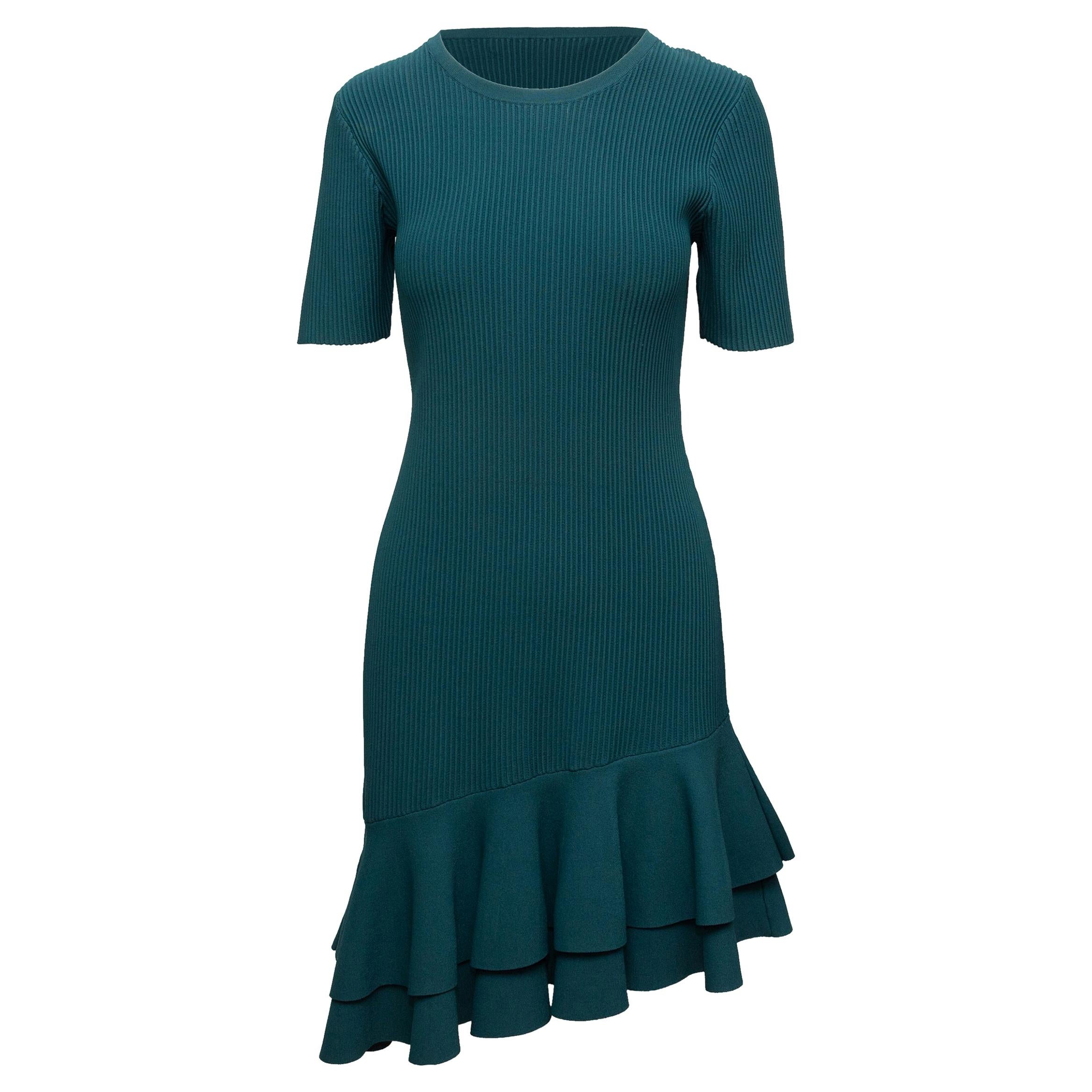 Diane Von Furstenberg Teal Rib Knit Asymmetrical Dress