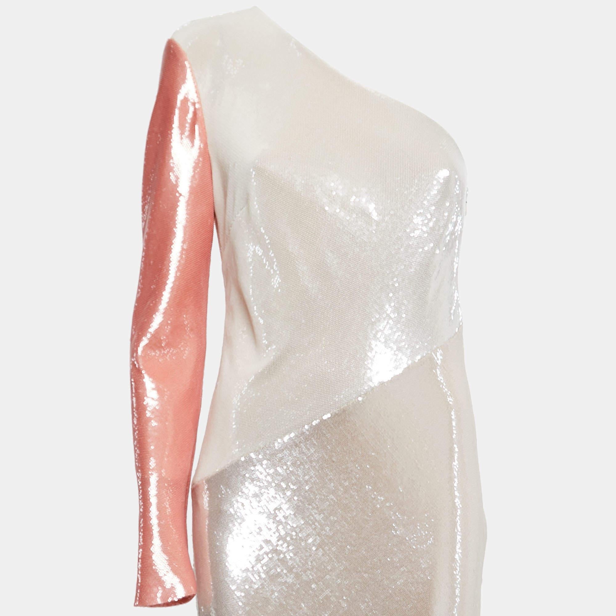 Beige Diane Von Furstenberg White/Pink Sequined One Shoulder Midi Dress M