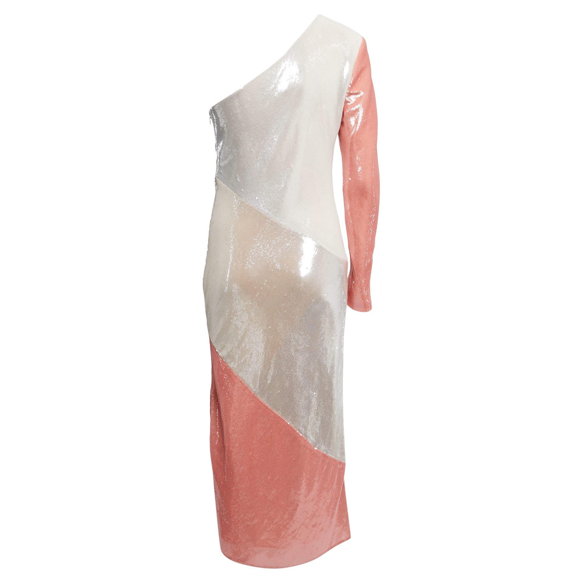 Diane Von Furstenberg White/Pink Sequined One Shoulder Midi Dress M