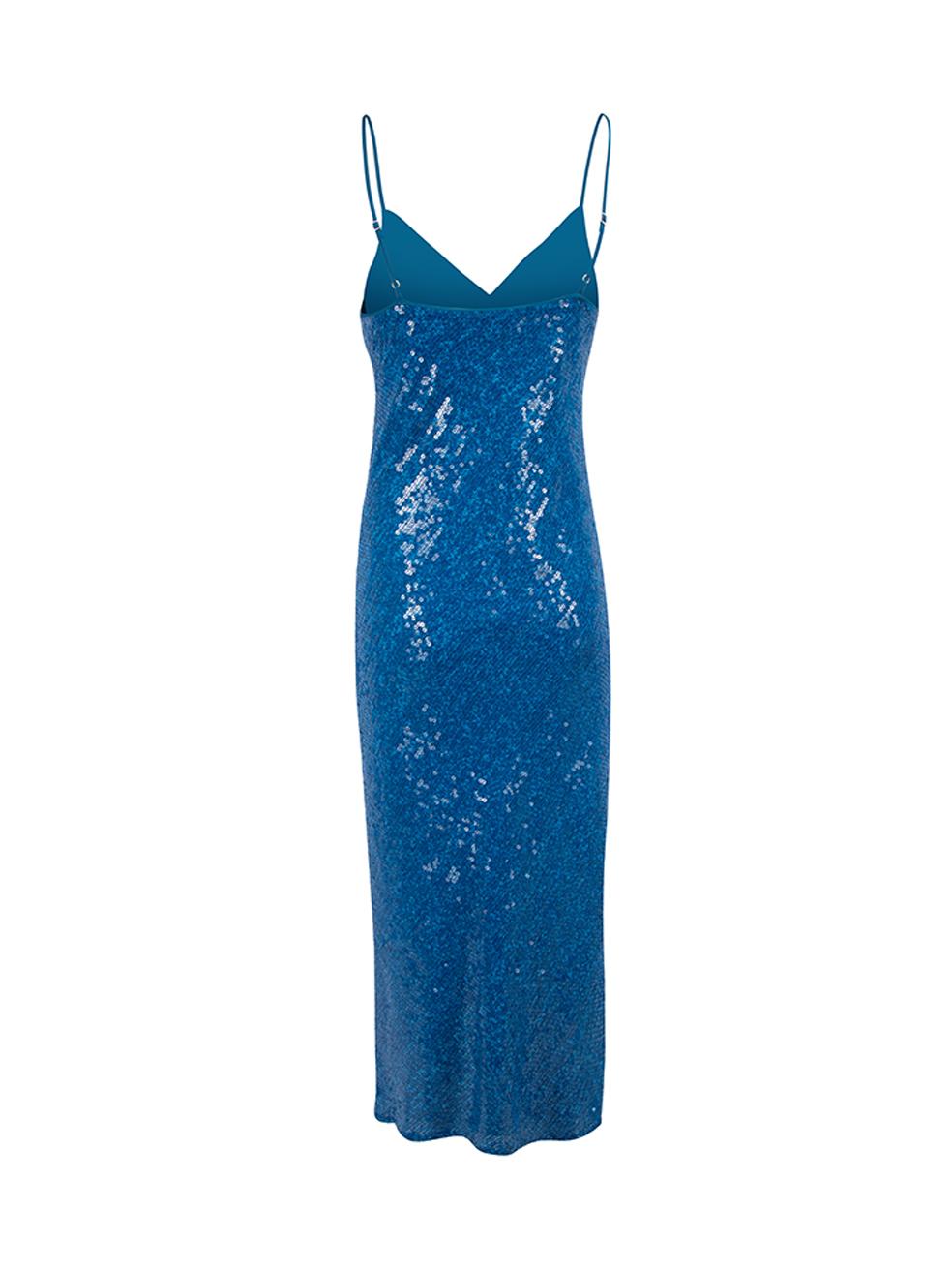 Diane Von Furstenberg Women's Blue Silk Sequinned V-Neck Slip Dress In New Condition In London, GB