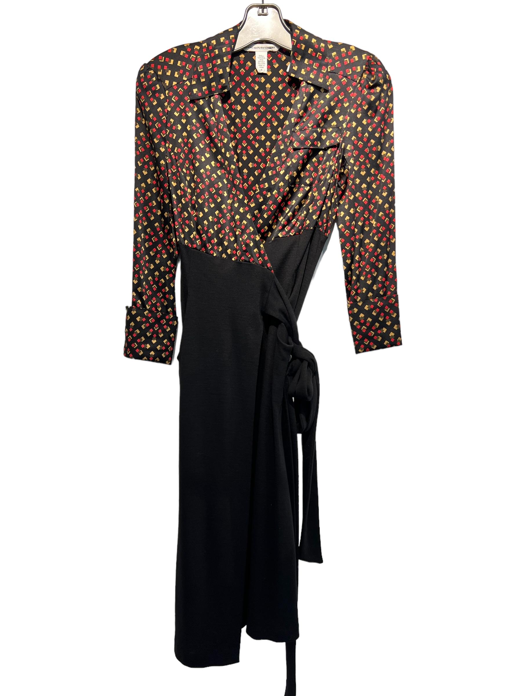 Diane Von Furstenberg Black and White Wool Long Sleeve Dress, Silk top and Black Bottom Knit 
