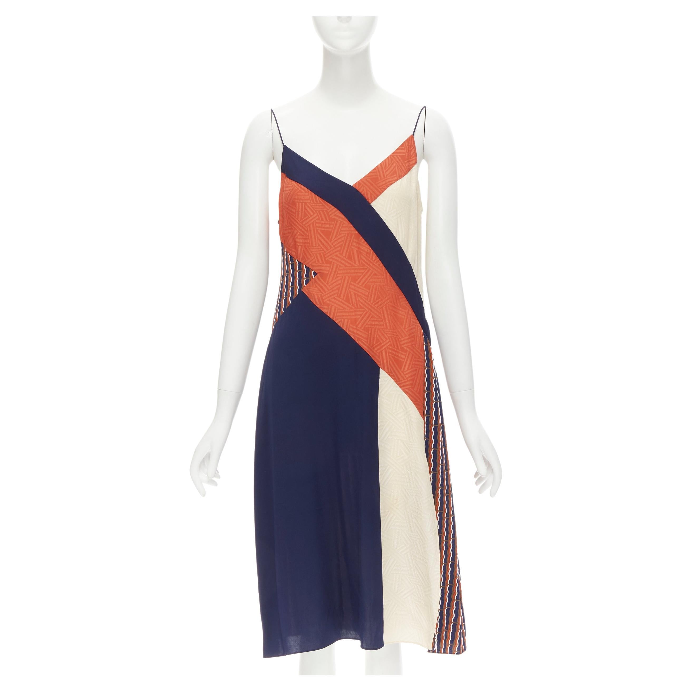 DIANE VON FURSTENBURG orange blue geometric colorblocked summer silk dress US8 M For Sale