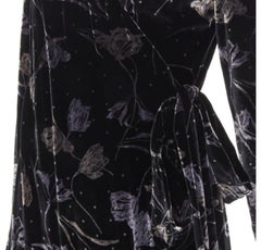 DIANE VON FUSTENBERG black floral print velvet wrap dress robe XS