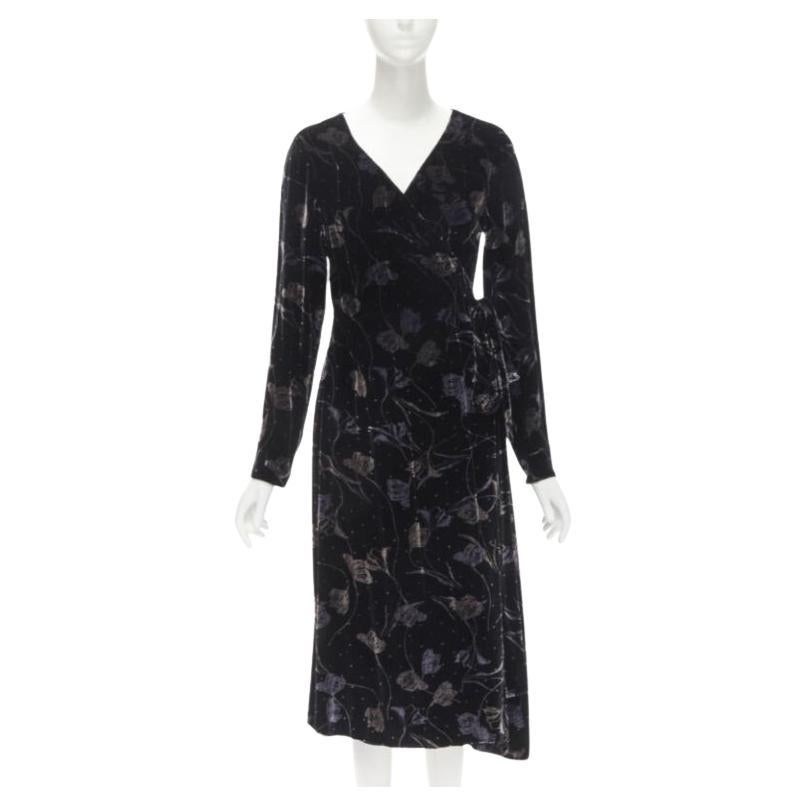 DIANE VON FUSTENBERG black floral print velvet wrap dress robe XS