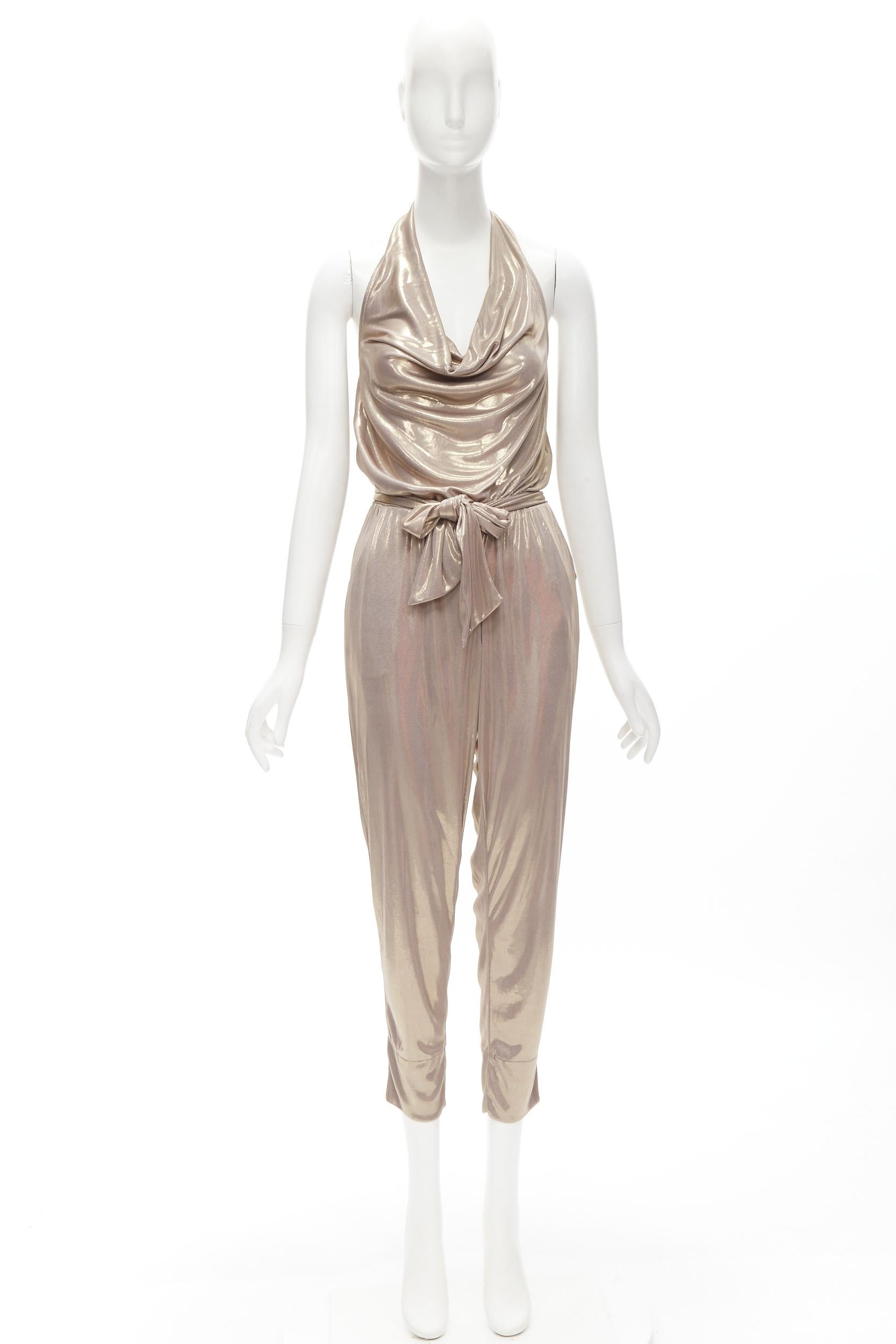 DIANE VON FUSTENBERG Carolette liquid metal gold halter backless jumpsuit S For Sale 4