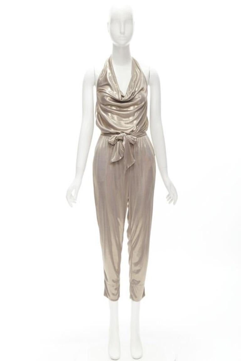 DIANE VON FUSTENBERG Carolette liquid metal gold halter backless jumpsuit S For Sale 5