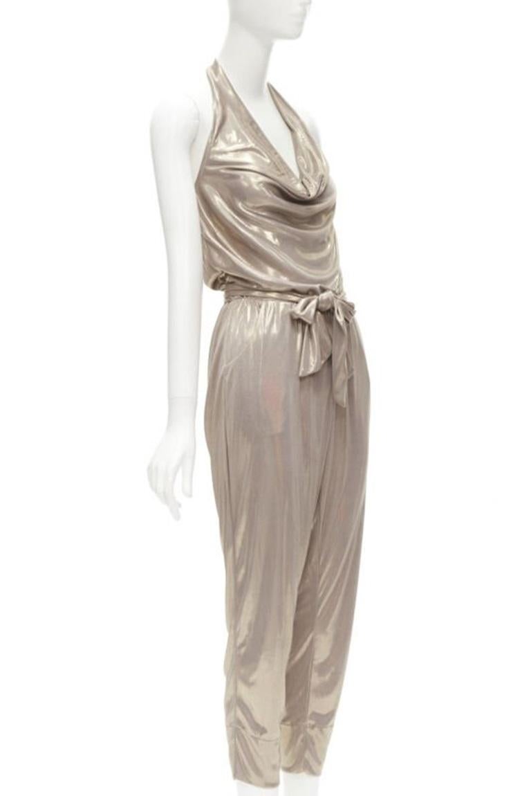 Brown DIANE VON FUSTENBERG Carolette liquid metal gold halter backless jumpsuit S For Sale