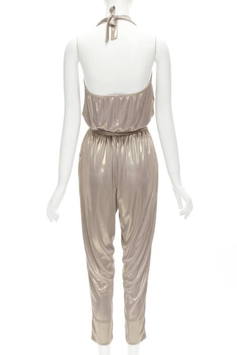 Women's DIANE VON FUSTENBERG Carolette liquid metal gold halter backless jumpsuit S For Sale