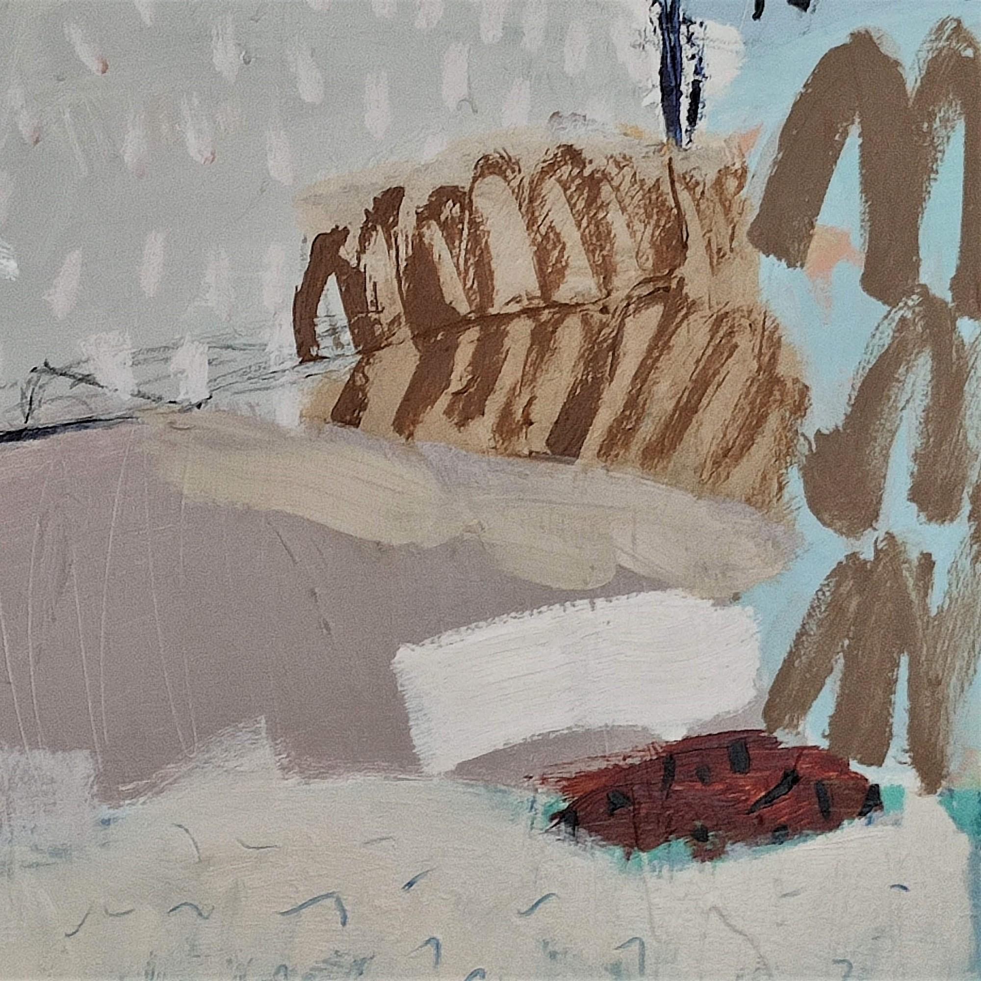 Crossing the Sand est une peinture abstraite originale sur toile de l'artiste contemporaine Diane Whalley. Des couches de peinture sont appliquées avec du pastel à l'huile, de la barre à l'huile et des détails de marquage pour ajouter de la
