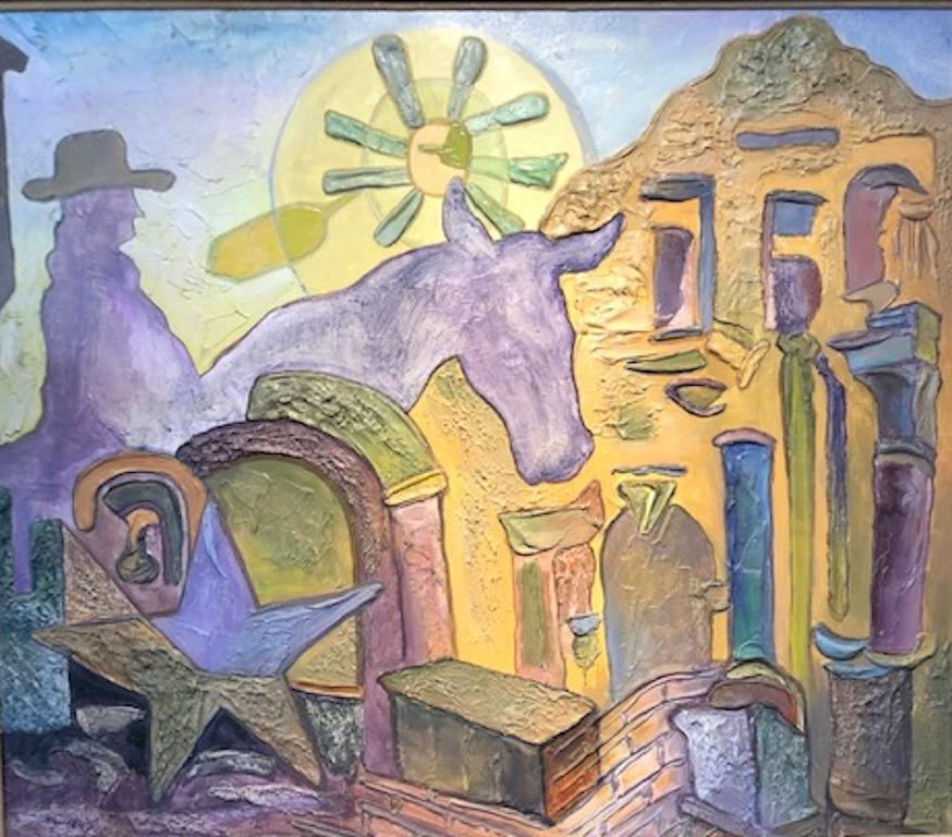 American Artist, was born in California.
The portrayal of the state Texas is depicted in surrealist style on this 38” x 44”, overall size is 44” x 50.5”,
oil on masonite.
“Texas History”
The featured Texas icons are: The Alamo, The single star or