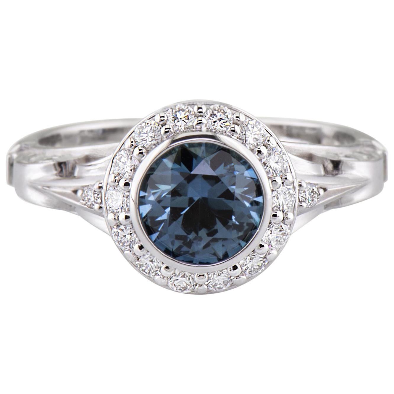 Dianna Rae Jewelry 14 Karat Gold 1.15 Carat Montana Sapphire Diamond Halo Ring