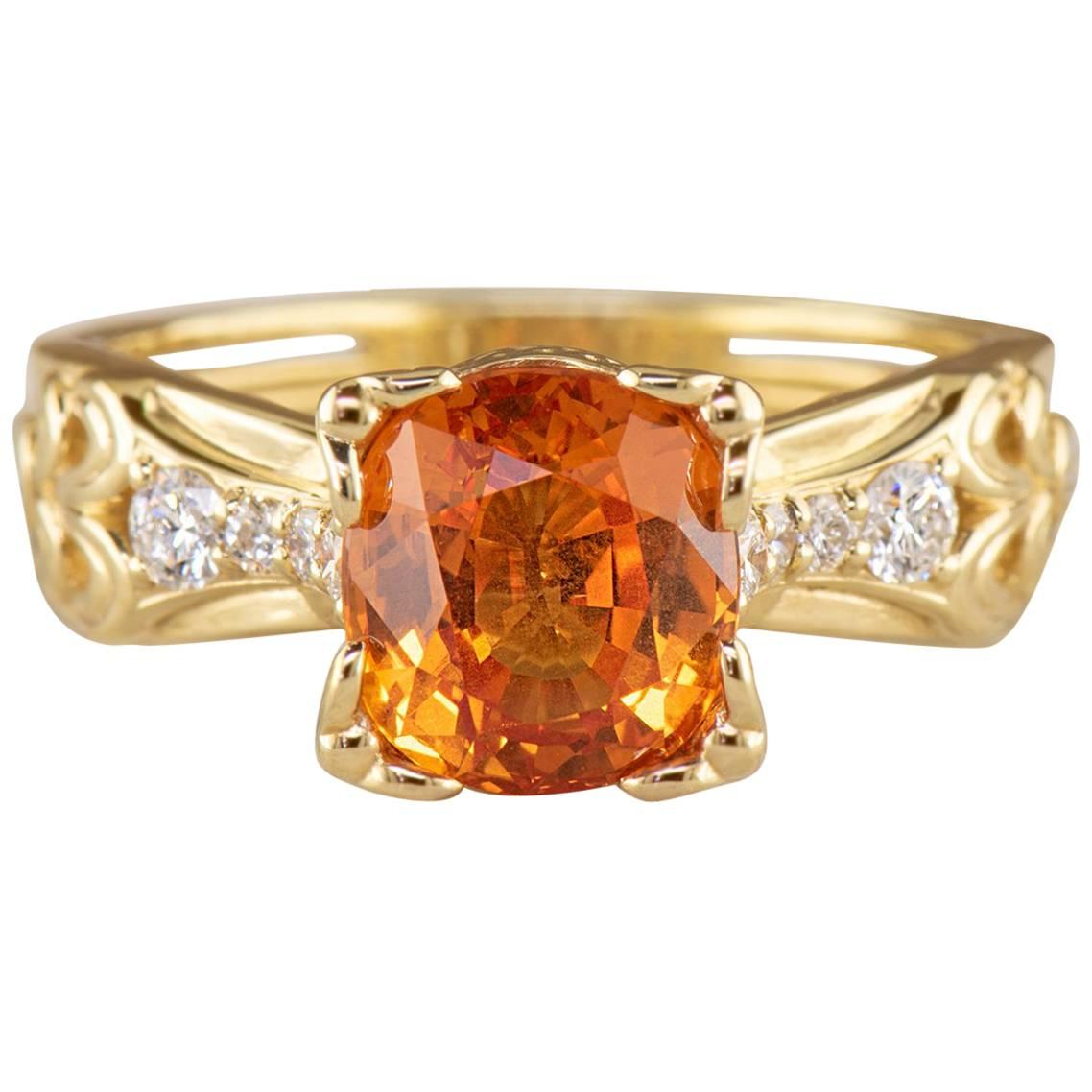 Dianna Rae Jewelry 3.16 ct. Oval Orange Sapphire Ring in 18k Diamond Accent For Sale