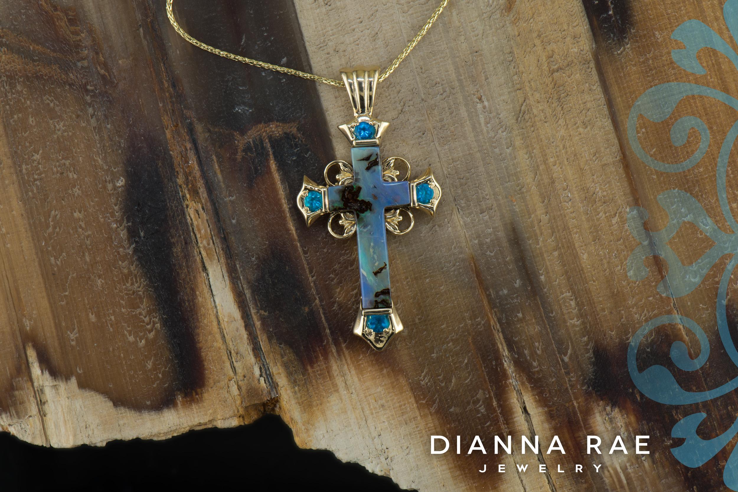Dianna Rae Jewelry  Boulder Opal Cross Pendant Necklace with Blue Apatite In New Condition In Lafayette, LA