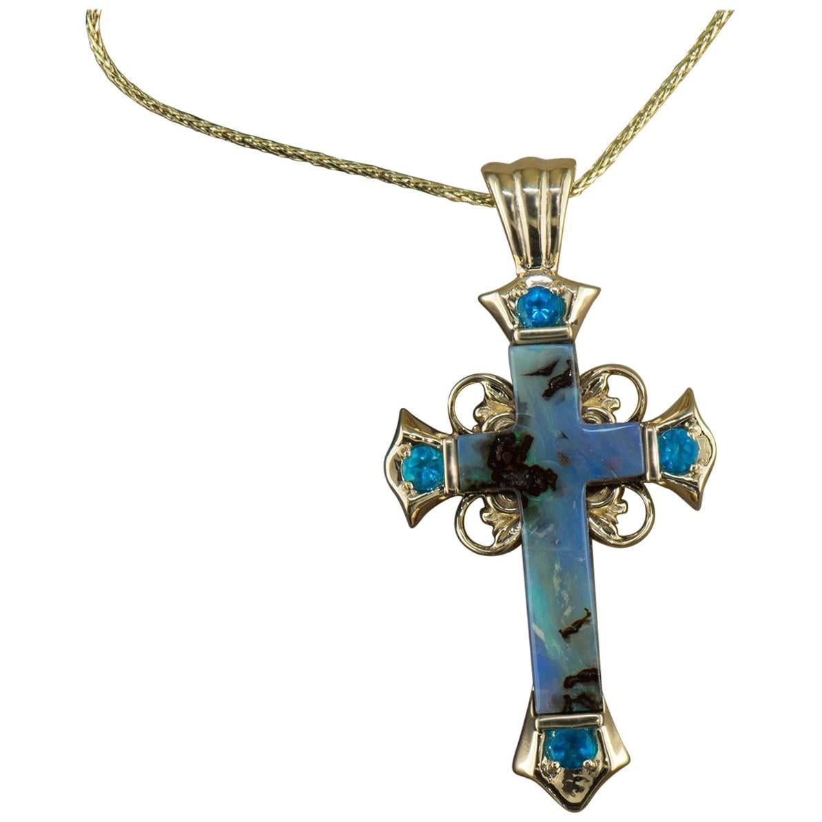 Dianna Rae Jewelry  Boulder Opal Cross Pendant Necklace with Blue Apatite