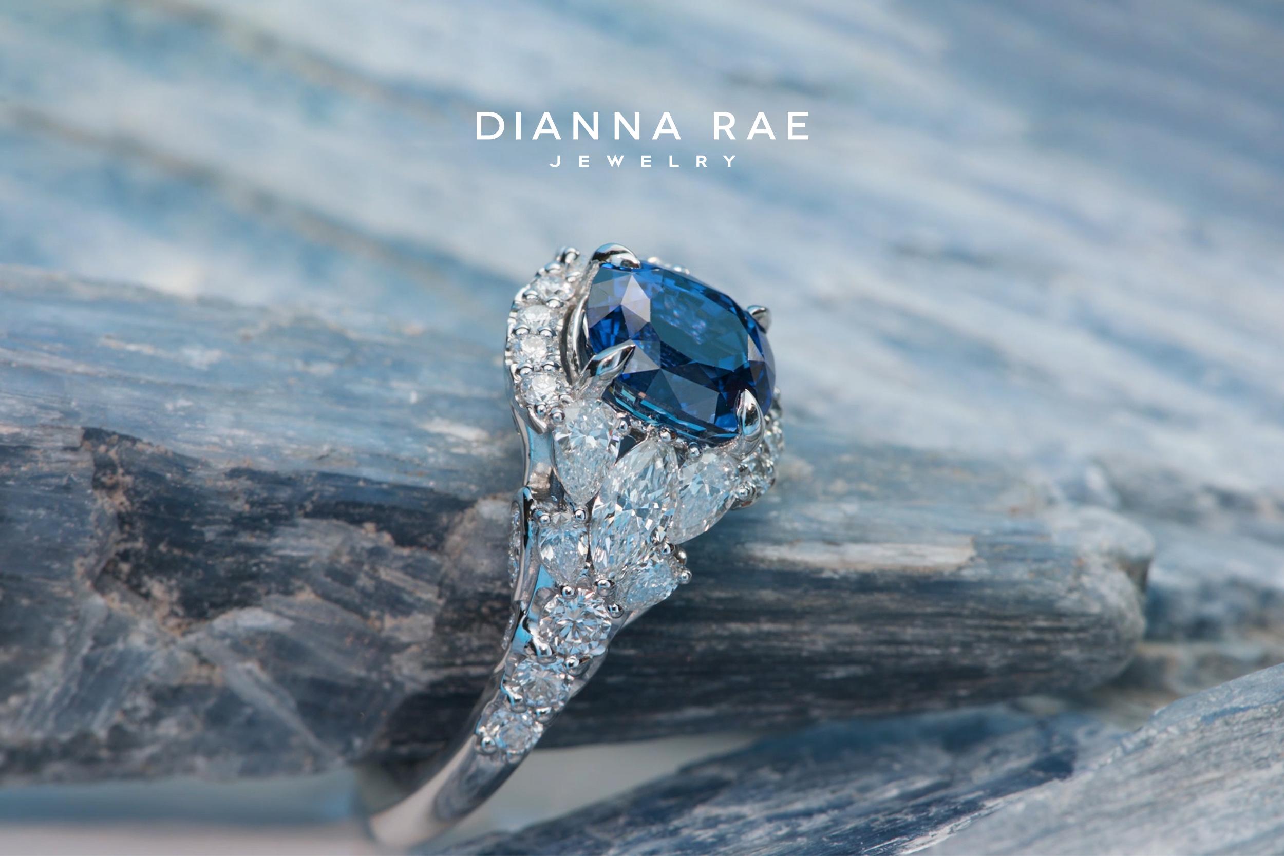 Cushion Cut Dianna Rae Jewelry Platinum Cushion Blue Sapphire and Diamond Cocktail Ring