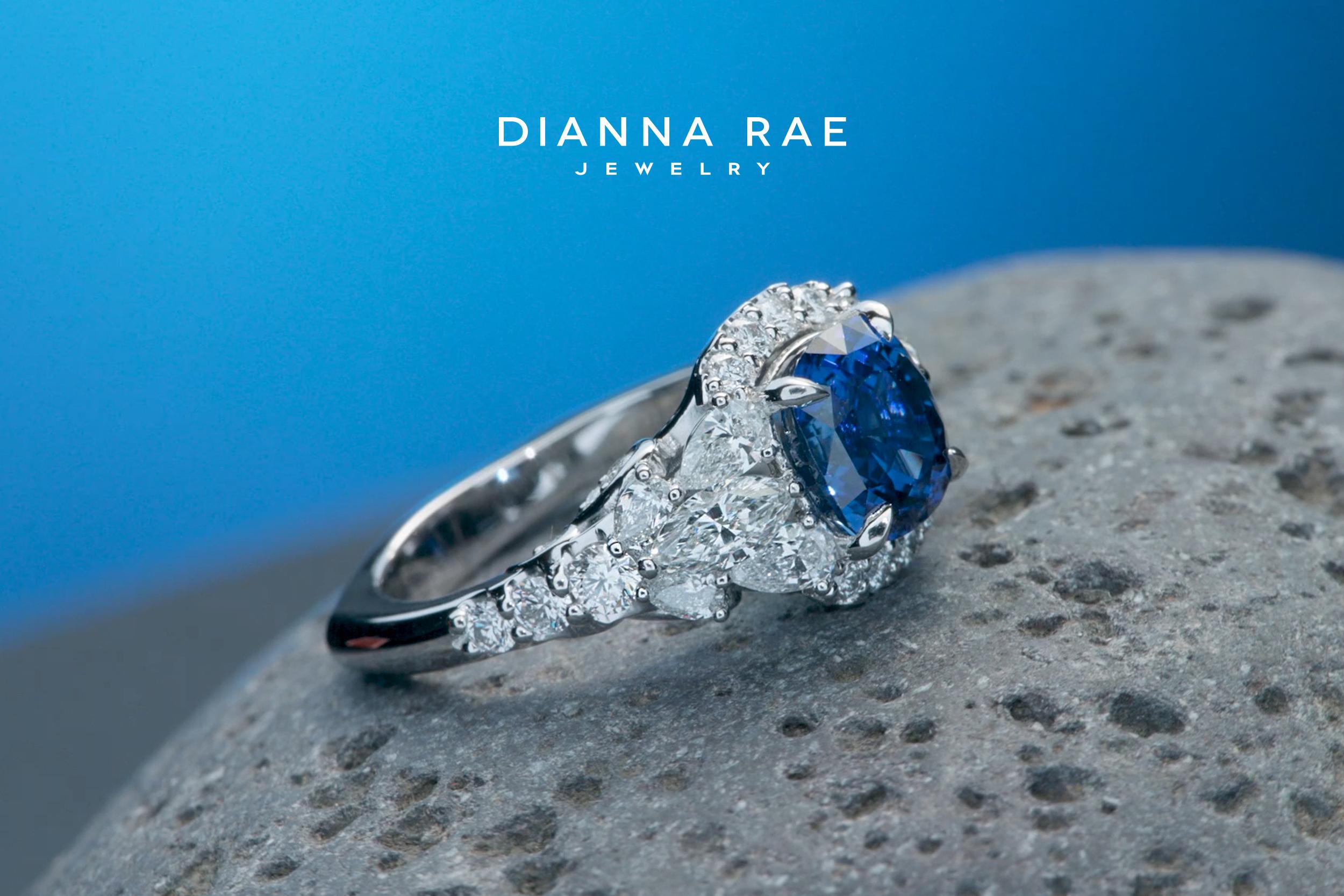 Dianna Rae Jewelry Platinum Cushion Blue Sapphire and Diamond Cocktail Ring In New Condition In Lafayette, LA