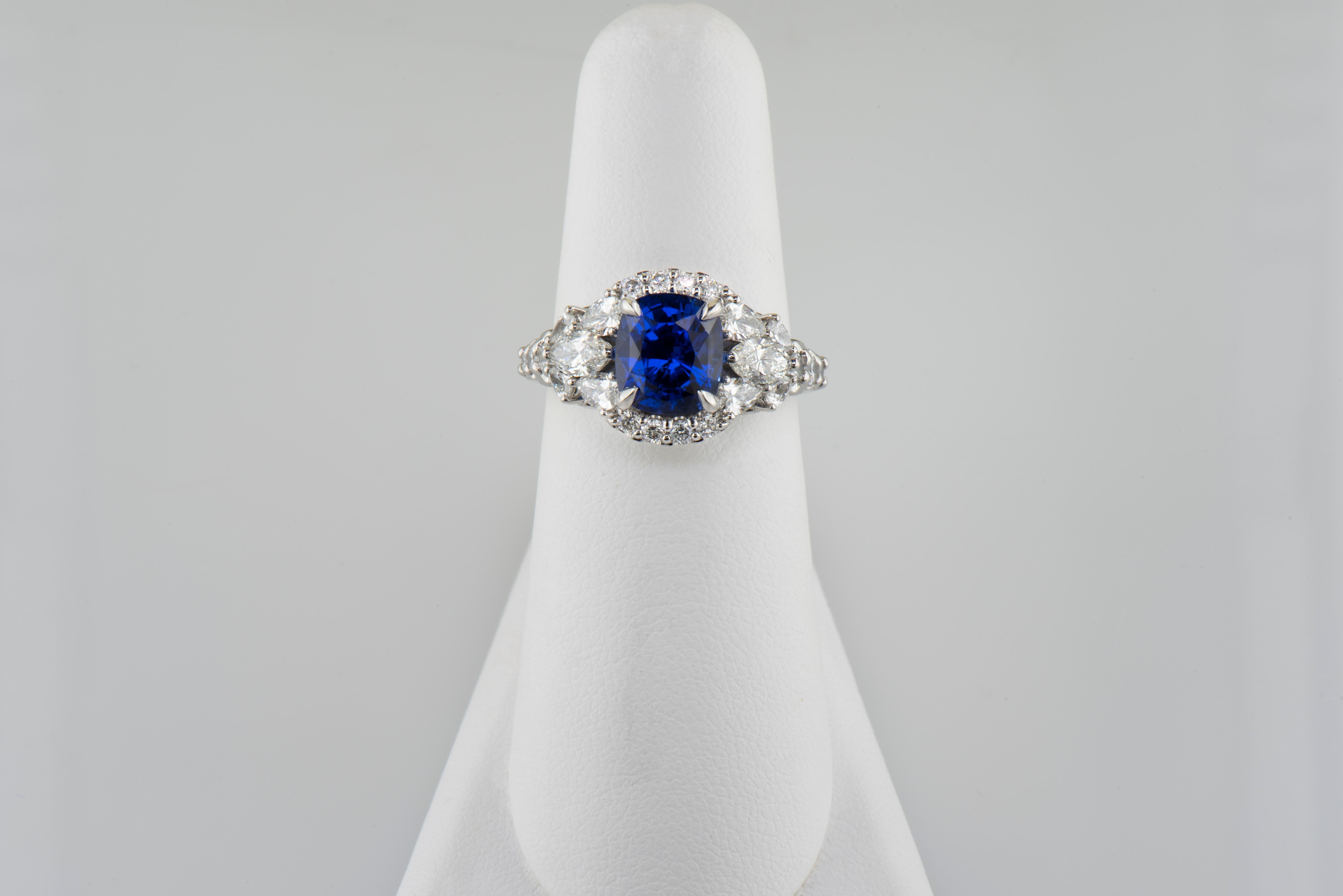Women's or Men's Dianna Rae Jewelry Platinum Cushion Blue Sapphire and Diamond Cocktail Ring