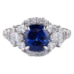 Dianna Rae Jewelry Platinum Cushion Blue Sapphire and Diamond Cocktail Ring