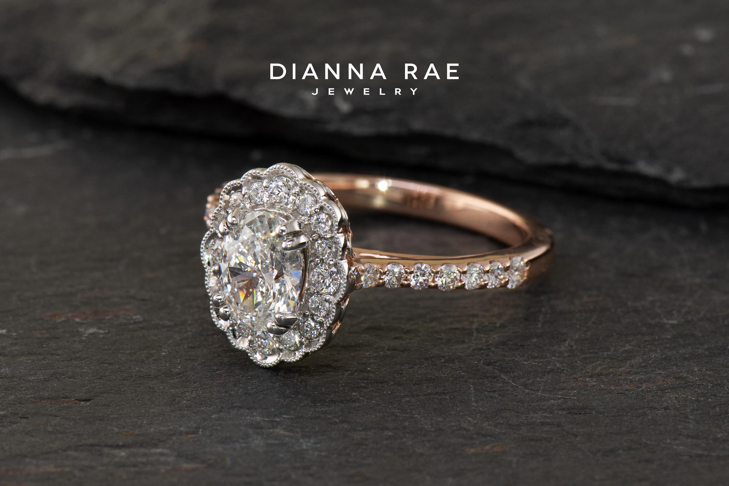 Oval Cut Dianna Rae Jewelry Rose Gold Oval Diamond Engagement Ring with Diamond Band For Sale