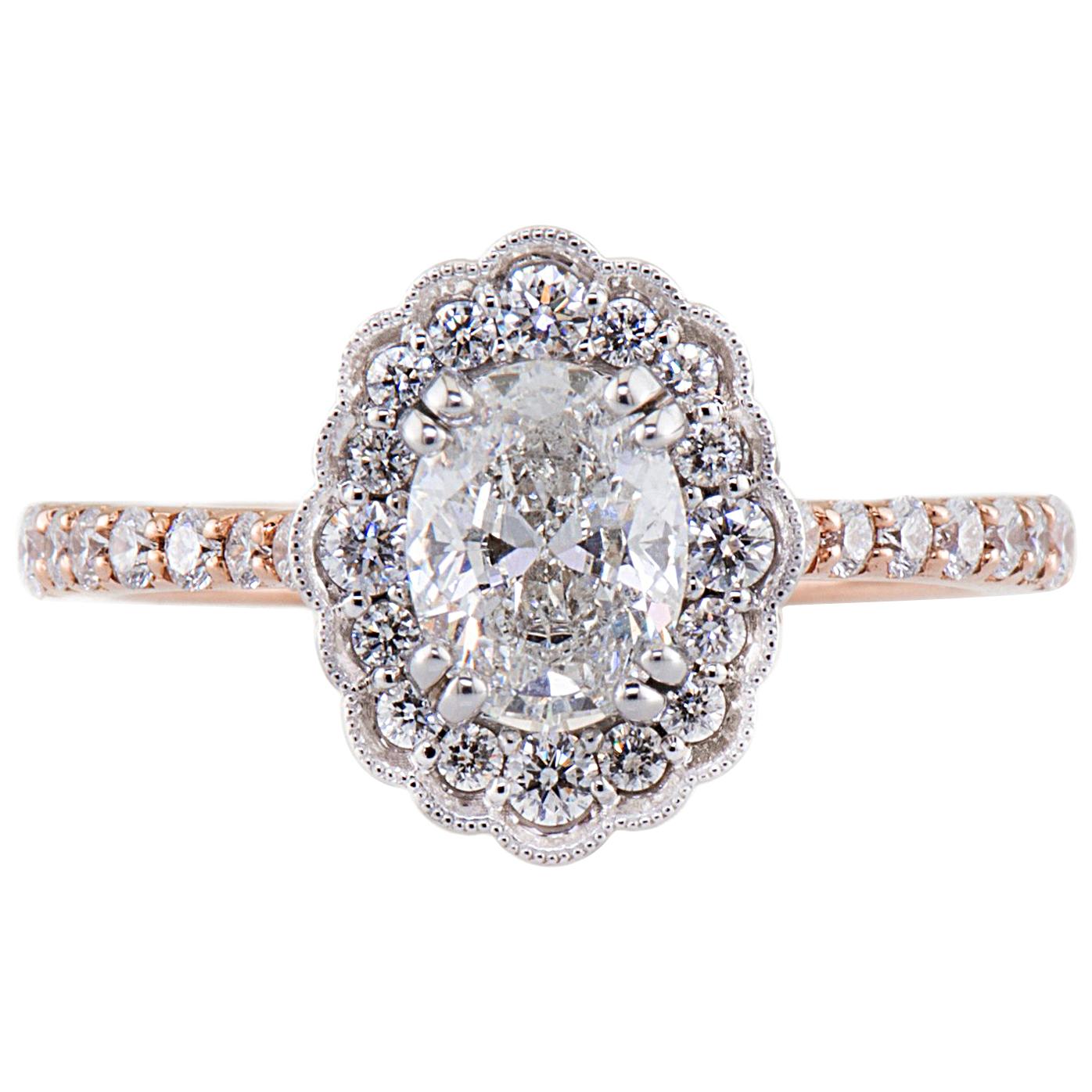 Dianna Rae Jewelry Rose Gold Oval Diamond Engagement Ring with Diamond Band For Sale