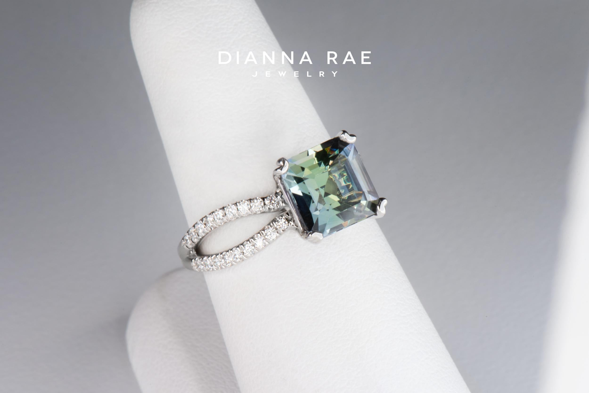 Emerald Cut Dianna Rae Jewelry White Gold Peacock Tanzanite and Diamond Cocktail Ring