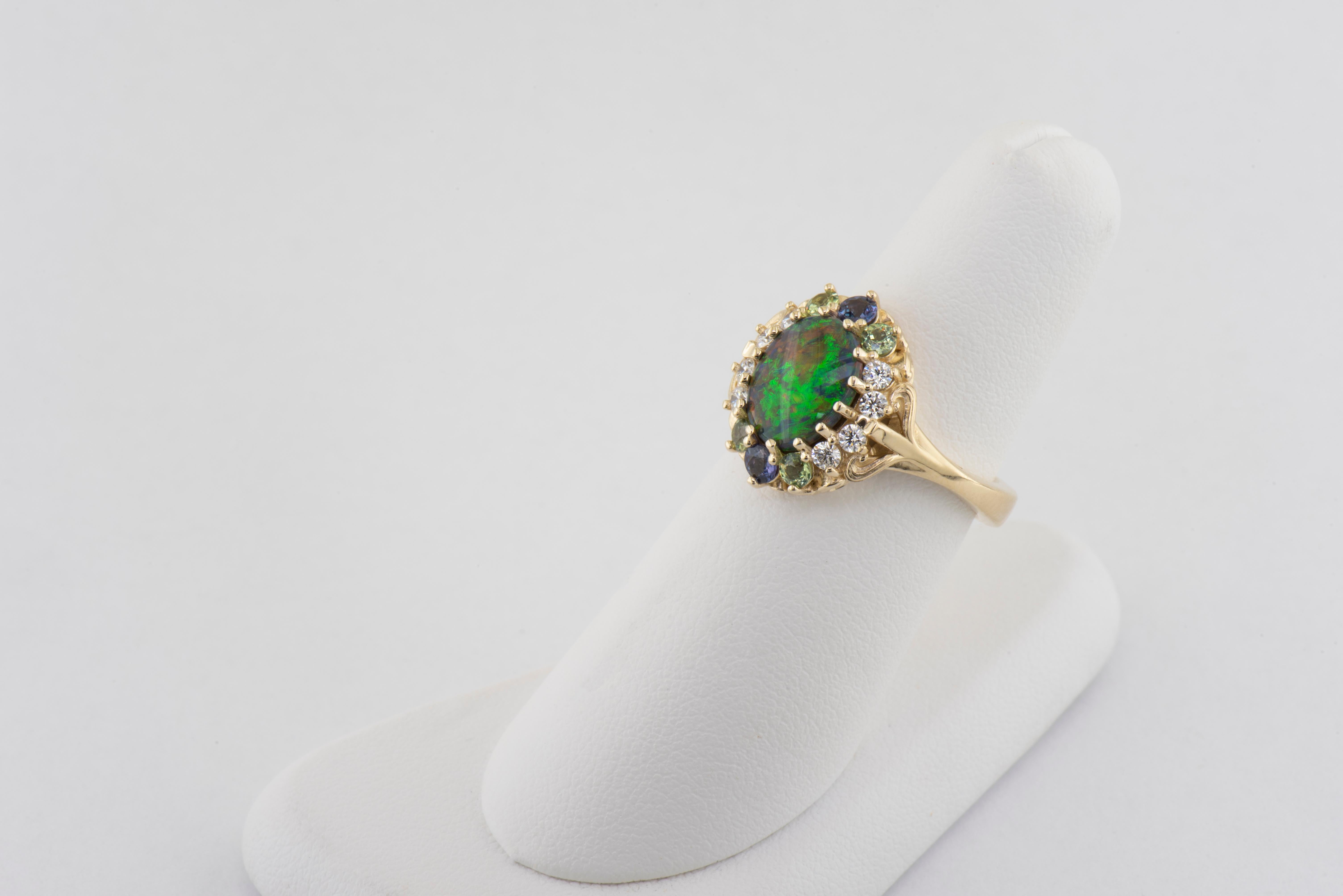 Contemporary Dianna Rae Jewelry Yellow Gold Black Opal Diamond Alexandrite and Garnet Ring For Sale