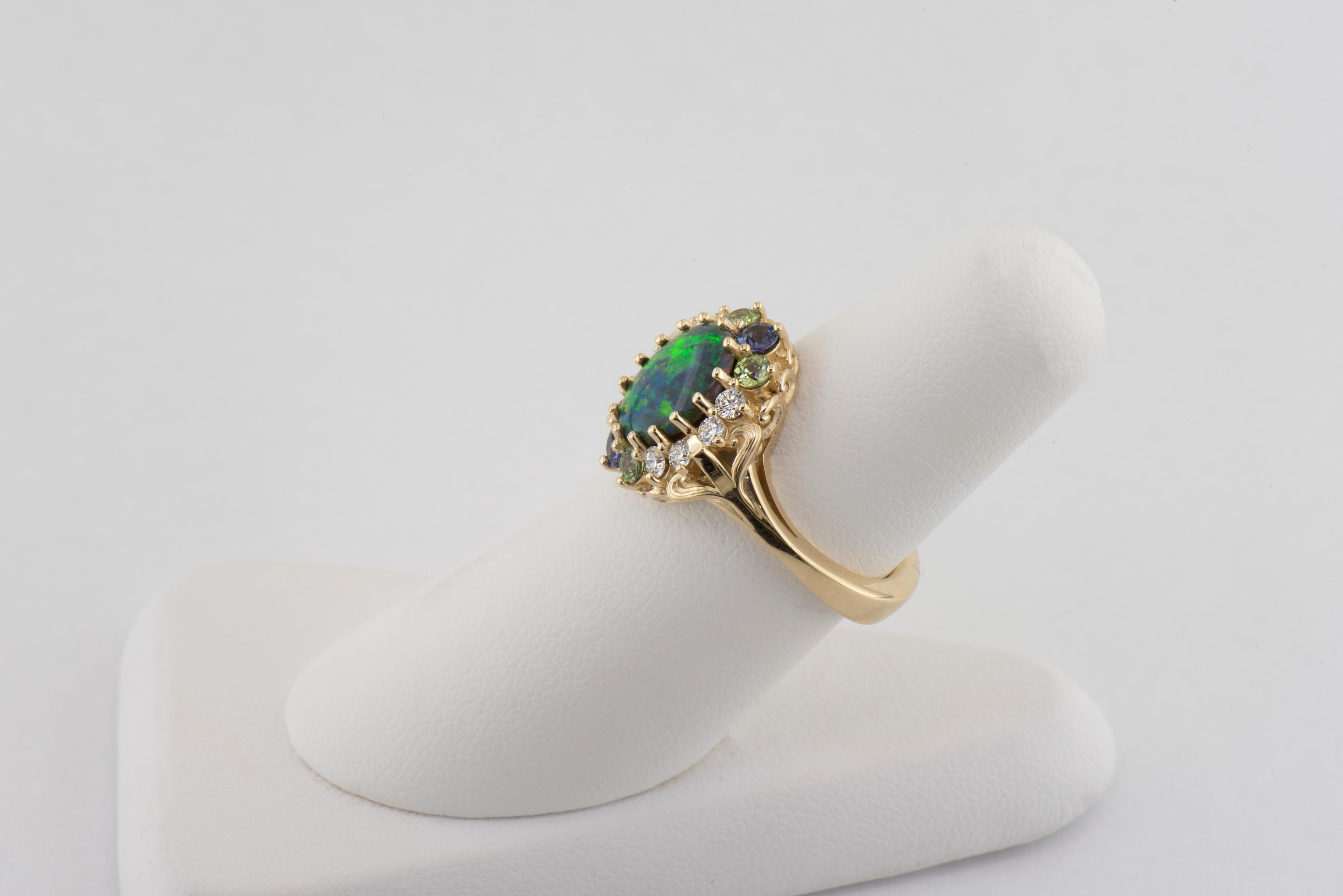 Oval Cut Dianna Rae Jewelry Yellow Gold Black Opal Diamond Alexandrite and Garnet Ring For Sale