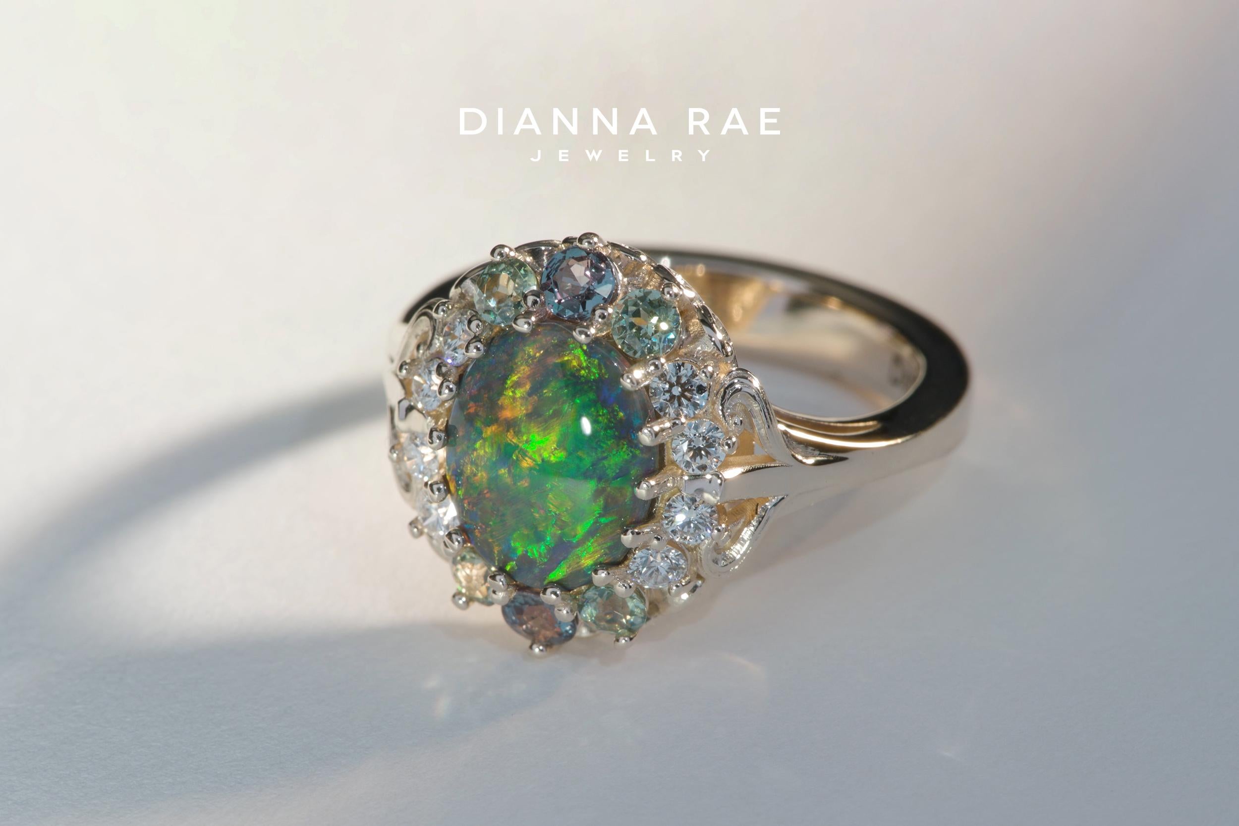 Dianna Rae Jewelry Yellow Gold Black Opal Diamond Alexandrite and Garnet Ring In New Condition For Sale In Lafayette, LA