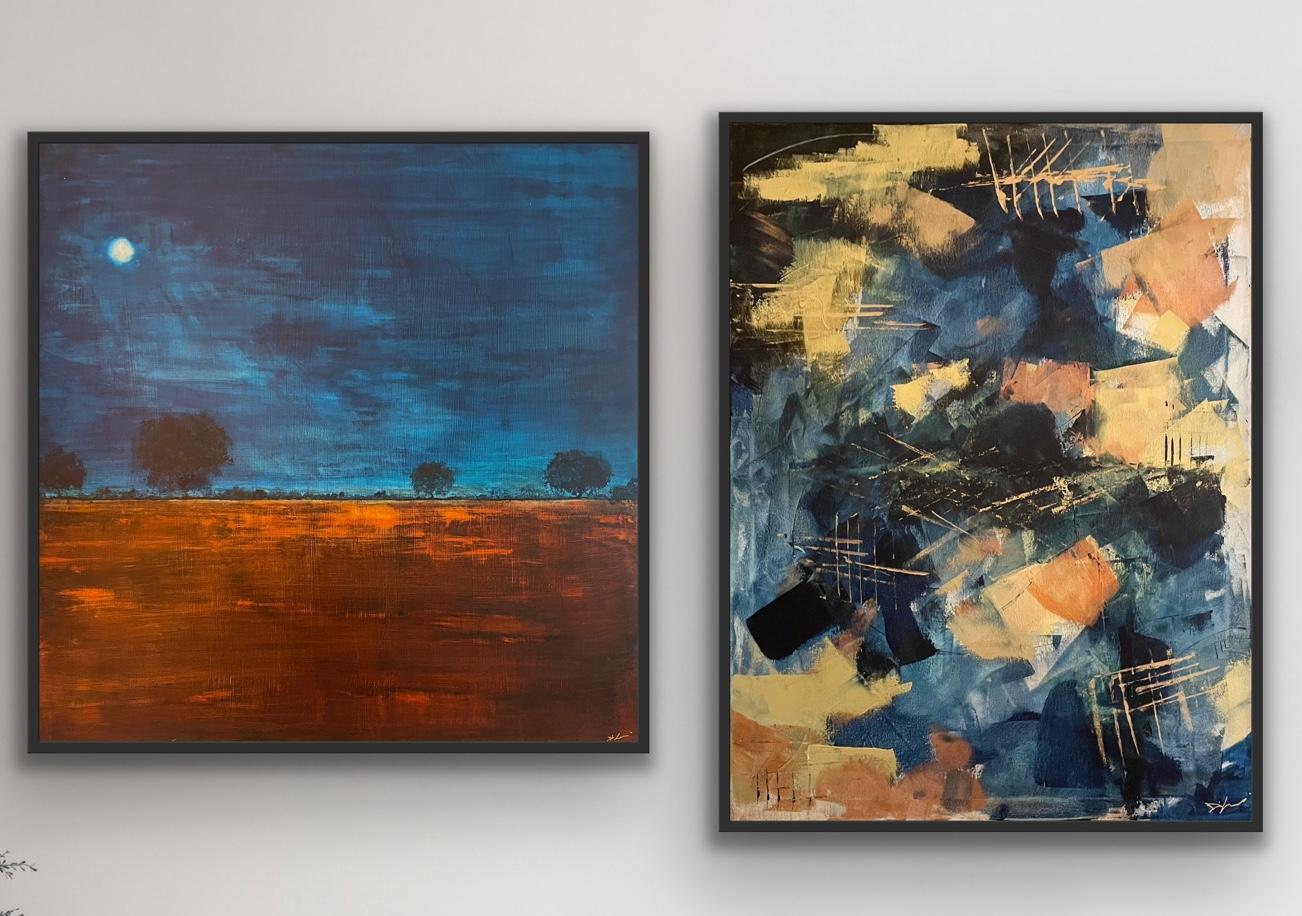 Lune sur la charrue et Tanzanite, diptyque, peinture originale, abstraite