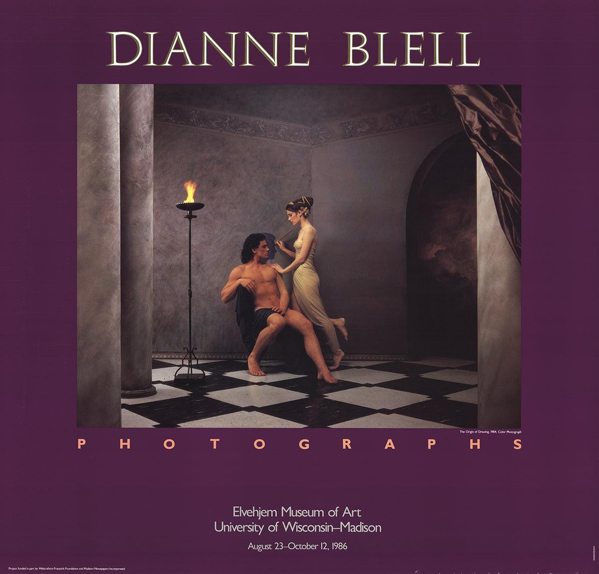 The Origin of Drawing by artist Dianne Blell is a cibachrome print from 1984, measuring 27 inches. This photograph artfully recreates a classical legend through two models in elaborate poses and costumes, capturing the narrative essence of