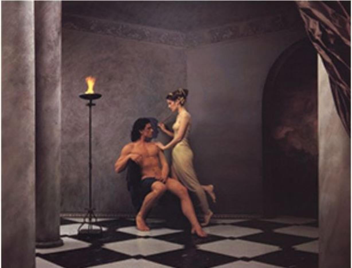 Cette reproduction d'une photographie cibachrome originale de 1984, The Origin of Drawing (L'origine du dessin) de Dianne Blell, présente son approche caractéristique des tableaux photographiques mis en scène. Inspiré par les mythes et l'histoire de