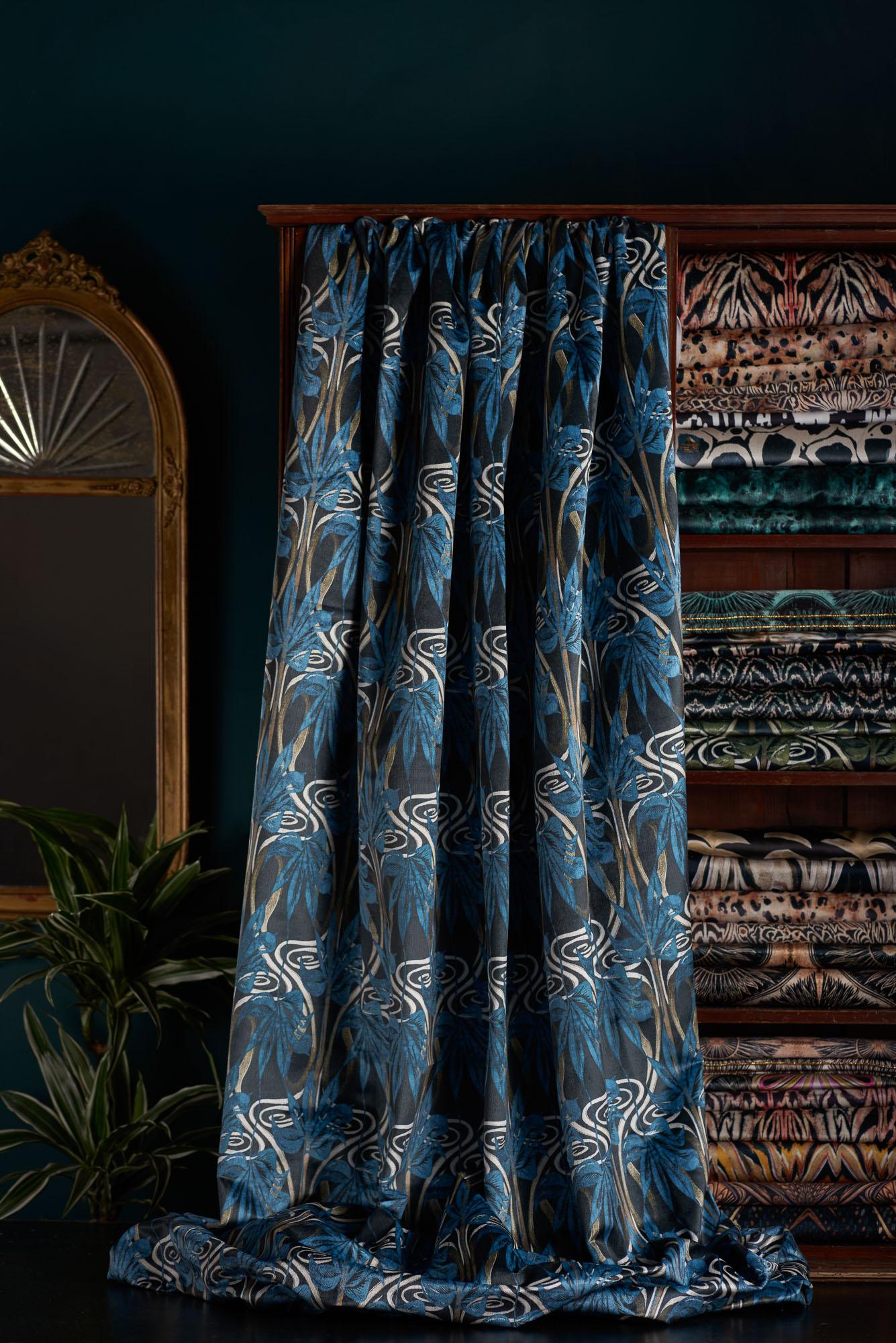 Dianne is a sandwiched print of two of Anna’s linocuts, pieced together to form a lyrical, jungle-like design which lends well to maximalist schemes. With a hint of Art Nouveau influence, this lush blue and green colourway sits well with monochrome