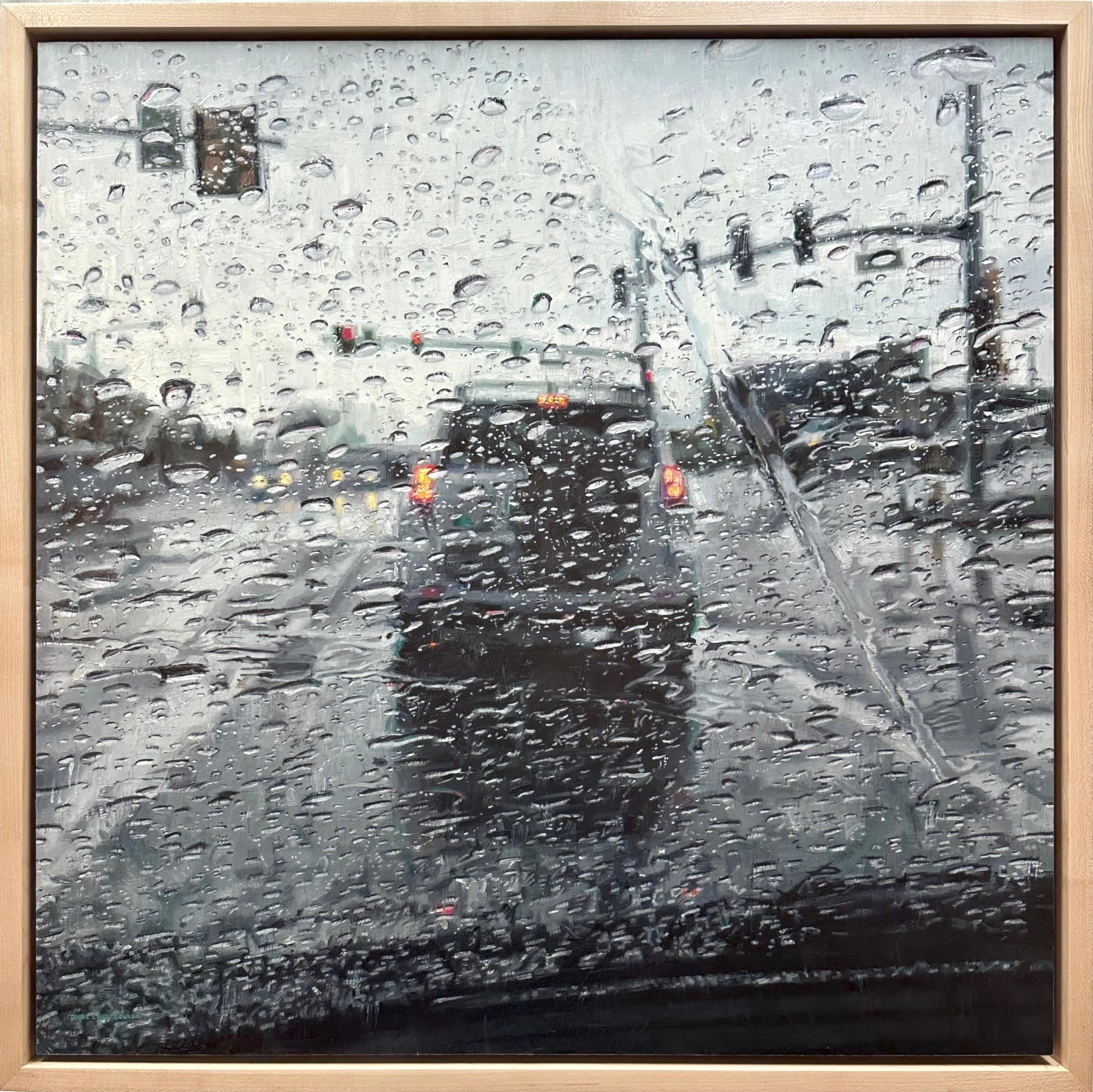 „Rain on Windshield: Red Light“ (2021) von Dianne L Massey Dunbar, Öl auf Karton im Angebot 1