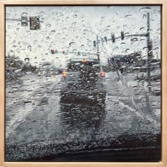 "Rain on Windshield: Red Light" (2021) By Dianne L Massey Dunbar, Oil on Board