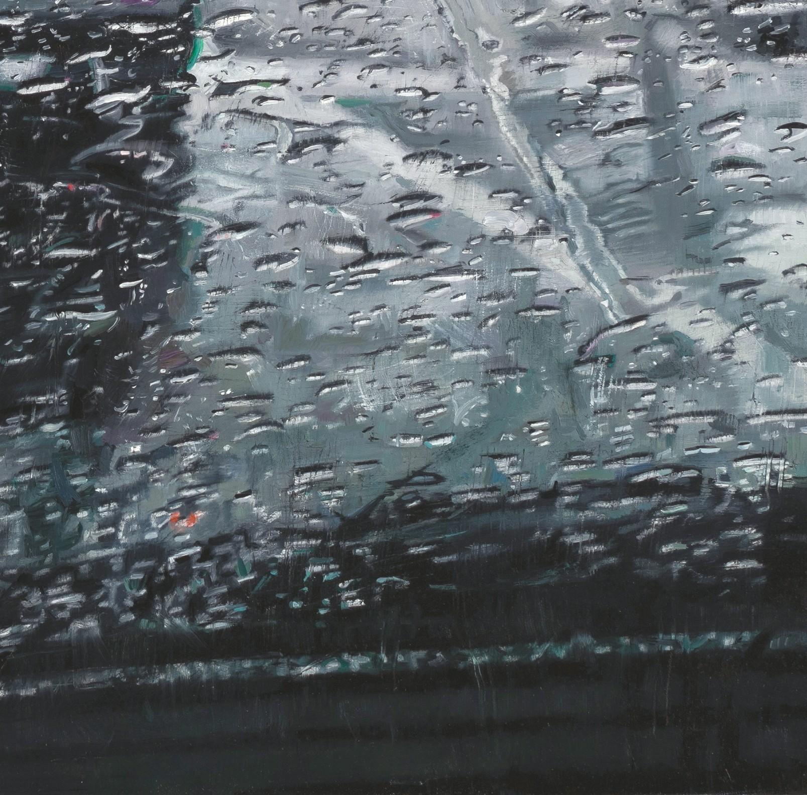 „Rain on Windshield: Red Light“ (2021) von Dianne L Massey Dunbar, Öl auf Karton im Angebot 2