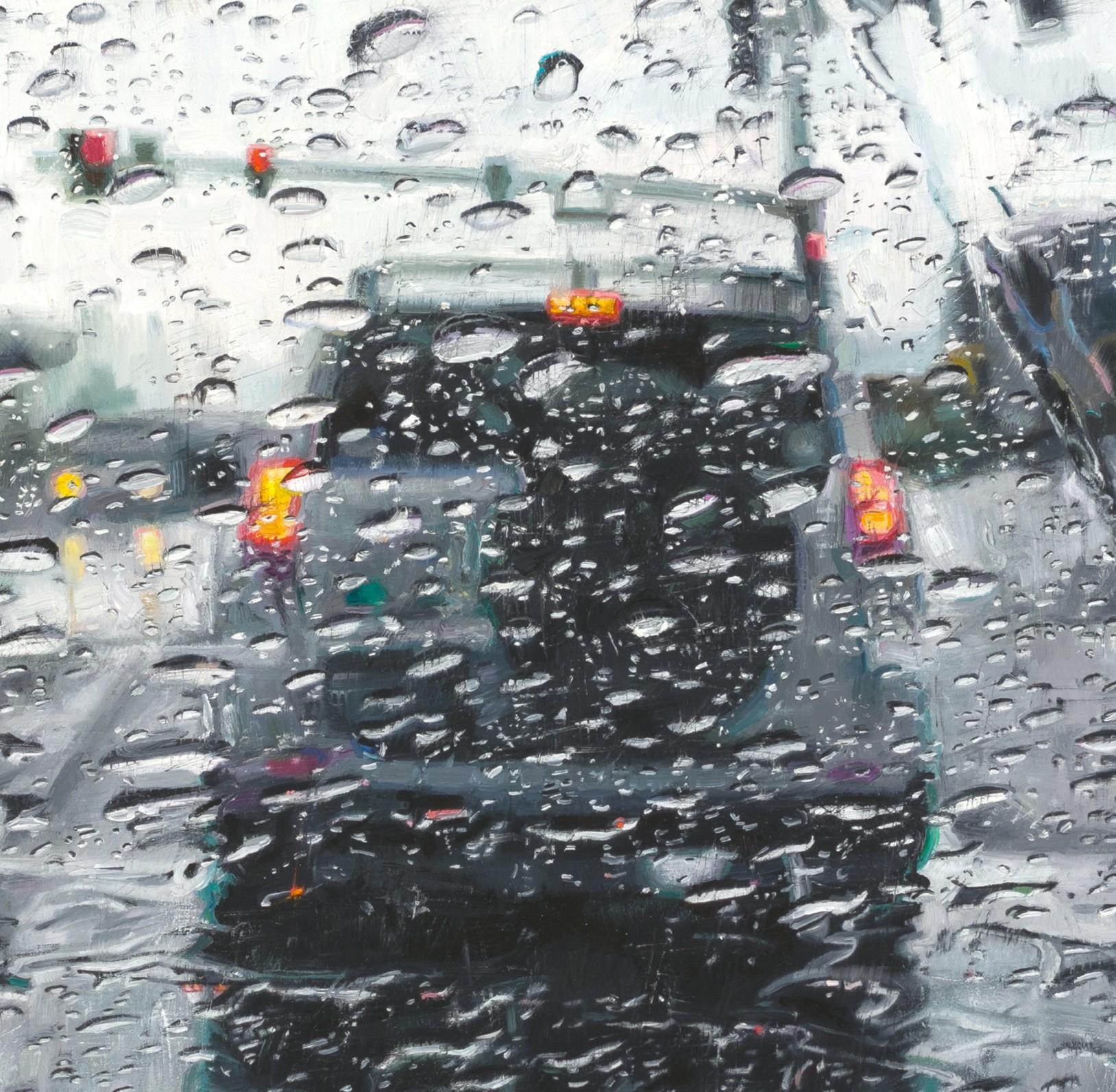„Rain on Windshield: Red Light“ (2021) von Dianne L Massey Dunbar, Öl auf Karton im Angebot 3