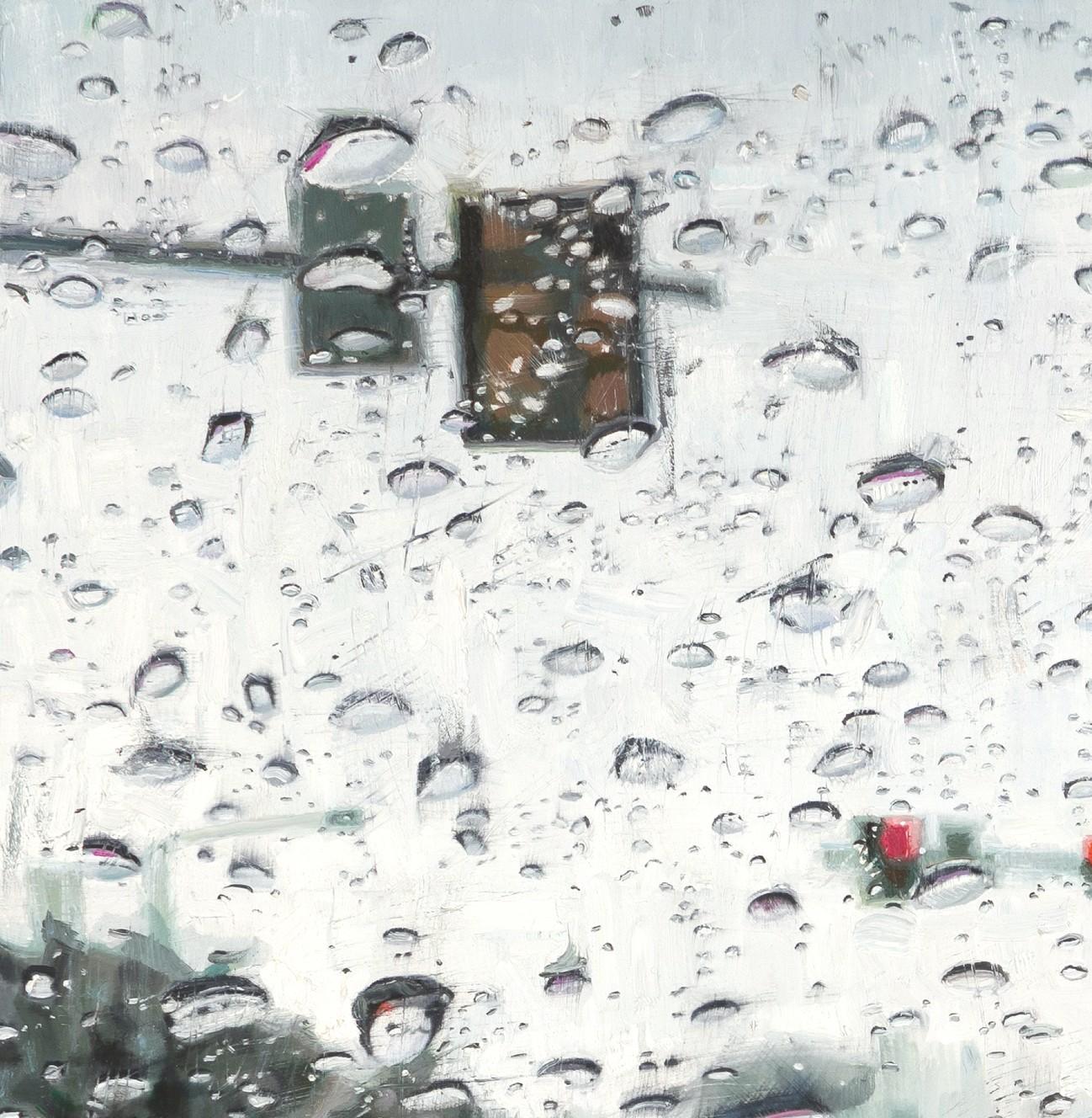 „Rain on Windshield: Red Light“ (2021) von Dianne L Massey Dunbar, Öl auf Karton im Angebot 4