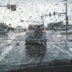 "Rain on Windshield: Red Light" (2021) By Dianne L Massey Dunbar, Oil on Board