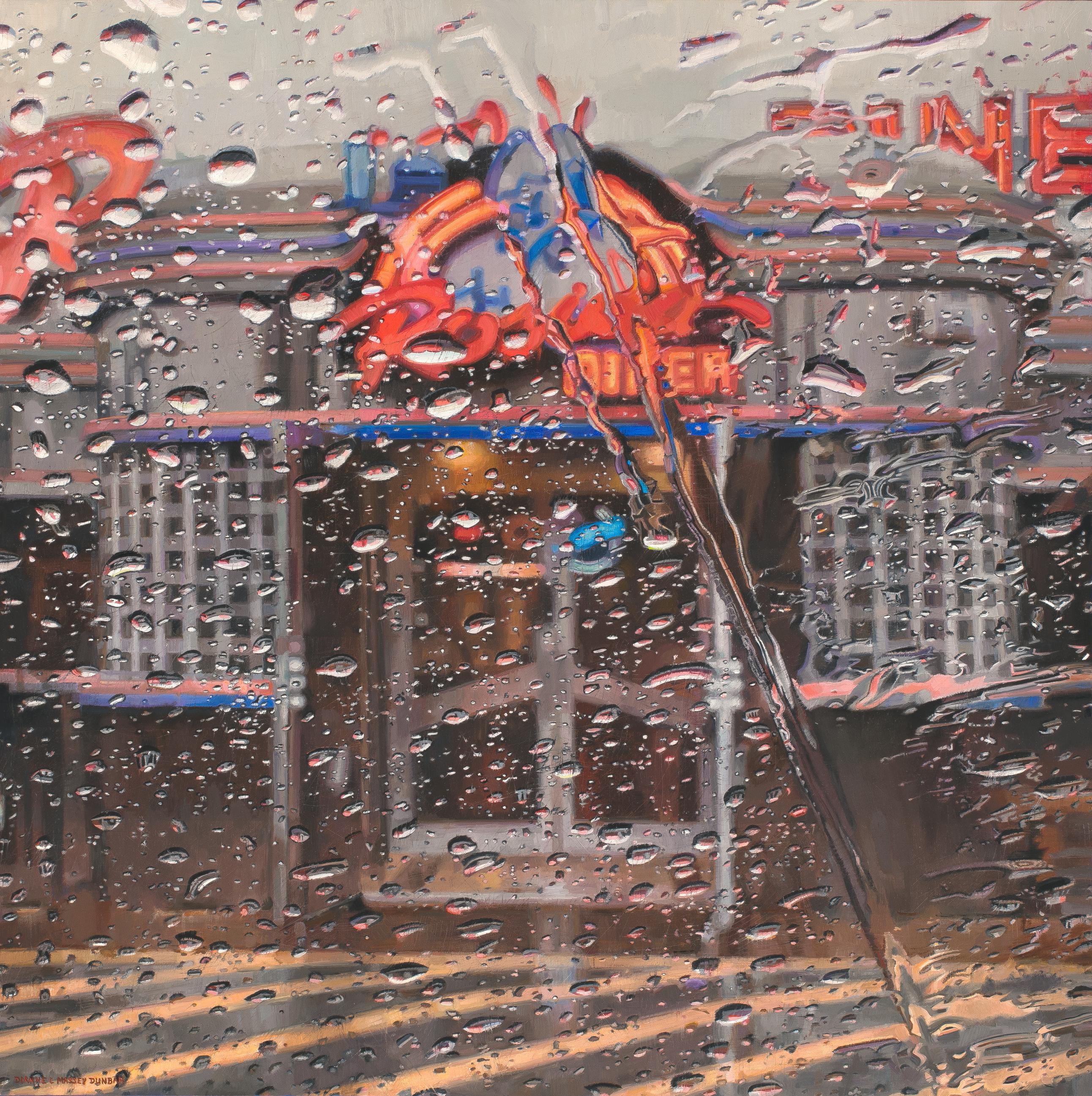 "Rain on Windshield: Rosie's Diner II" (2021) by Dianne L Massey Dunbar is a mesmerizing oil painting on board that depicts Rosie's Diner through a rain covered car windshield. This piece measures 24 x 24 inches and 28 x 28 inches in its