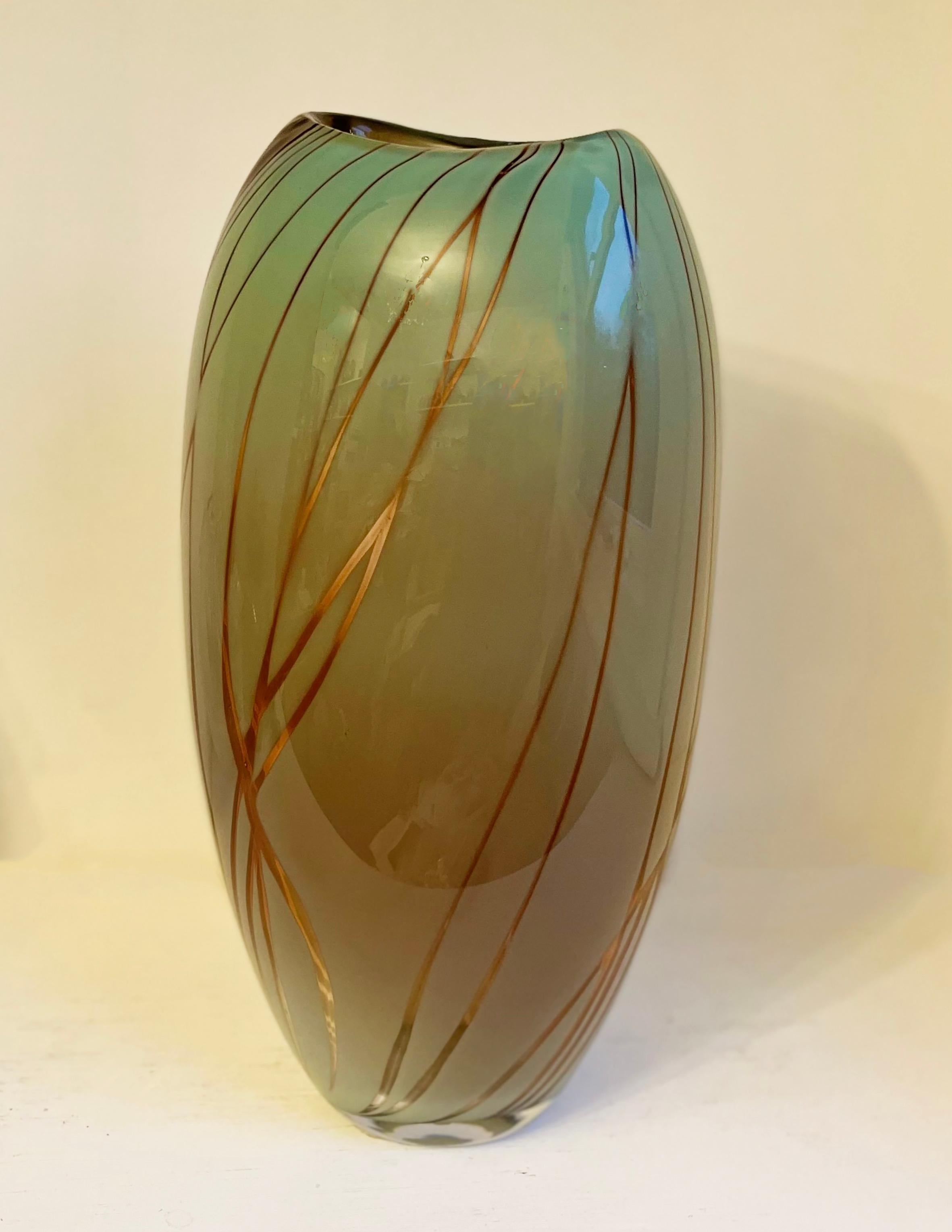 British Dianthus Celoden blown glass unique Graal vessel, Michèle Oberdieck For Sale