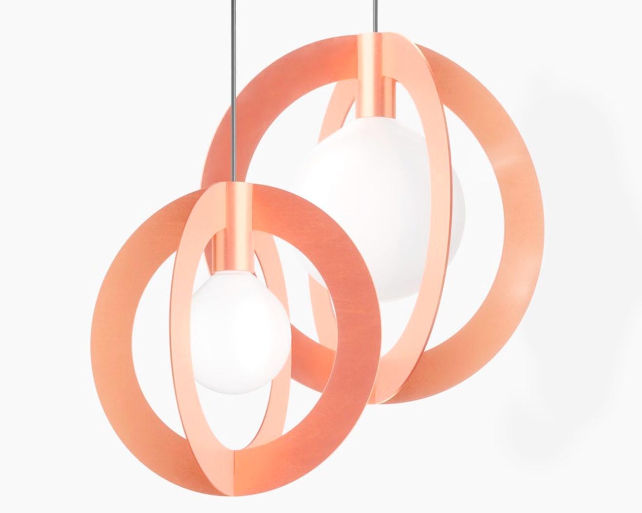 Diaradius 34 is a Minimalist pendant lamp design by Wishnya Design Studio.
Copper finish. 

Measures: D 34cm
LED G9 60W 220V - US compatible
Dimmable
Adjustable wire

Two sizes available 
Two finishes available: copper, brass.