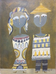 Un couple d'Afrique de l'Ouest Senegalais en tenue Boubou. Huile sur toile.
