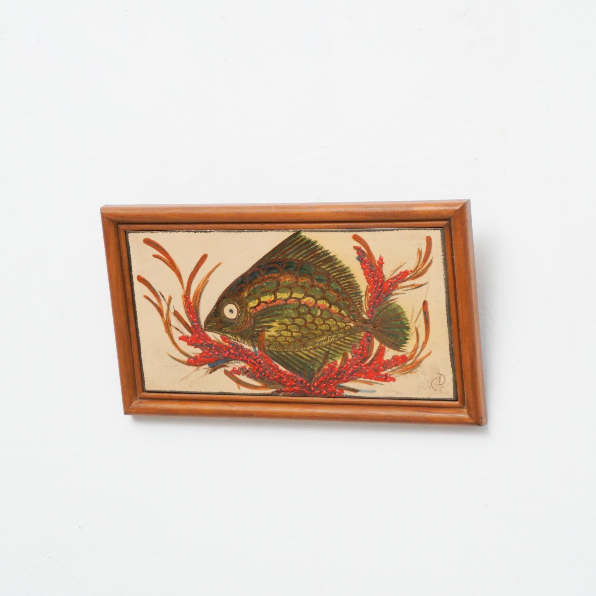 Ceramic Hand Painted Artwork of a fish by Catalan artist Diaz Costa, circa 1960.  Framed. Signed.    In original condition, with minor wear consistent of age and use, preserving a beautiul patina.