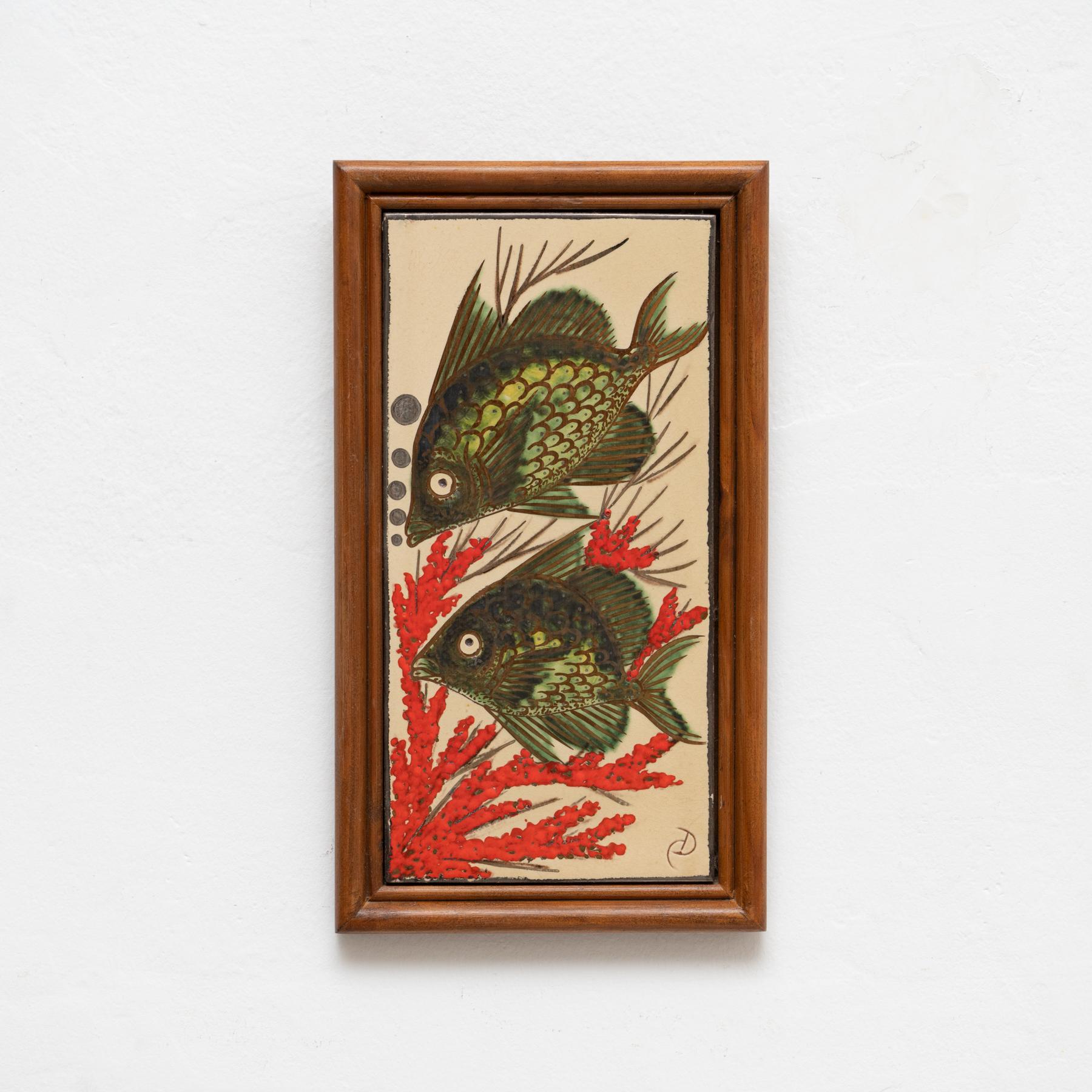 Ceramic hand painted artwork by Catalan artist Diaz COSTA, circa 1960.  Framed. Signed.    In original condition, with minor wear consistent of age and use, preserving a beautiful patina.