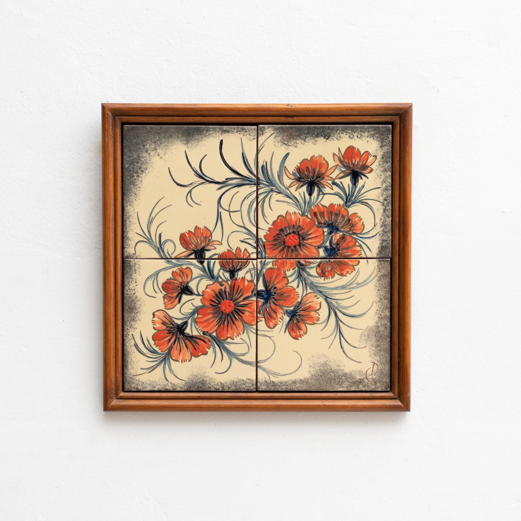 Ceramic hand painted artwork of a floral design by Catalan artist Diaz Costa, circa 1960.  Framed. Signed.    In original condition, with minor wear consistent of age and use, preserving a beautiul patina.