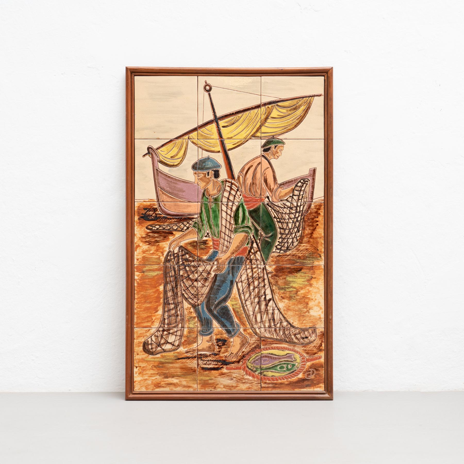 Ceramic hand painted artwork of two fisherman working by Catalan artist Diaz Costa, circa 1960.
Framed. Signed.

In original condition, with minor wear consistent of age and use, preserving a beautiul patina.